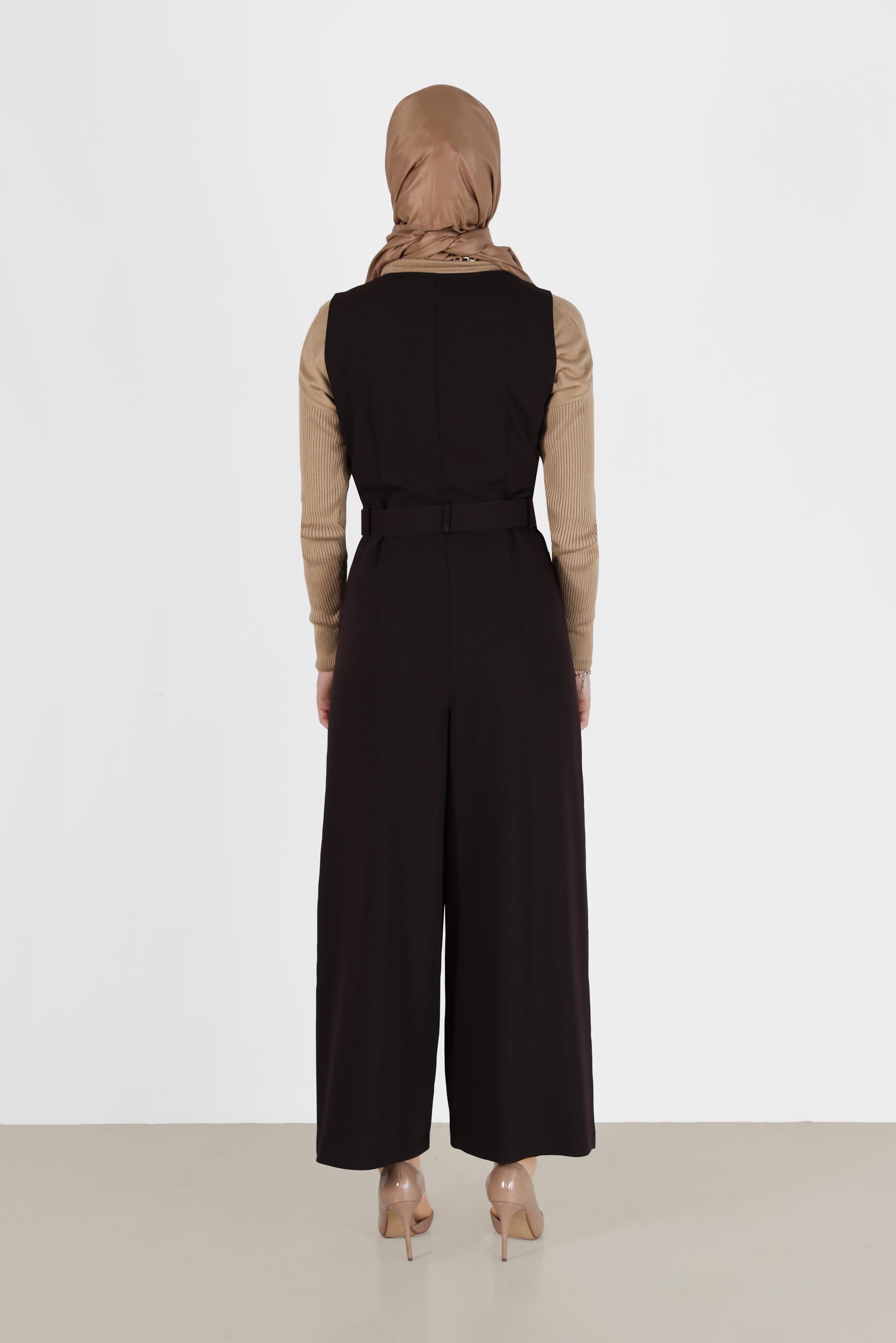 Tesettür giyim KAHVE DÜĞME DETAYLI KEMERLİ TULUM 42422 