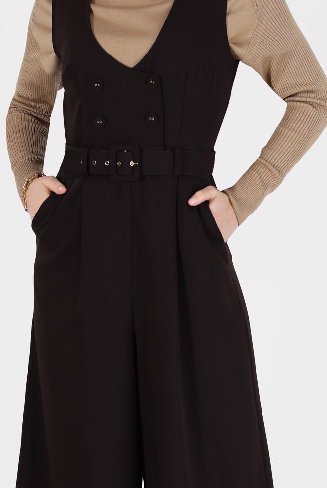 Hijab clothing BROWN BUTTON DETAIL BELTED OVERALLS 42422  - ALVİNA