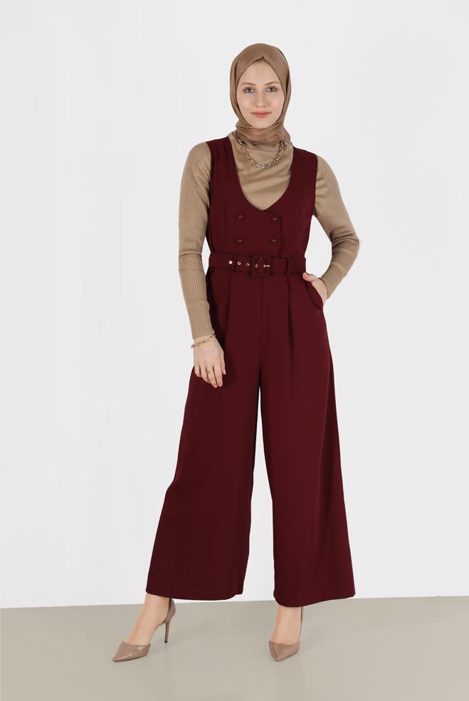 Hijab clothing CLARET RED BUTTON DETAIL BELTED OVERALLS 42422  - ALVİNA
