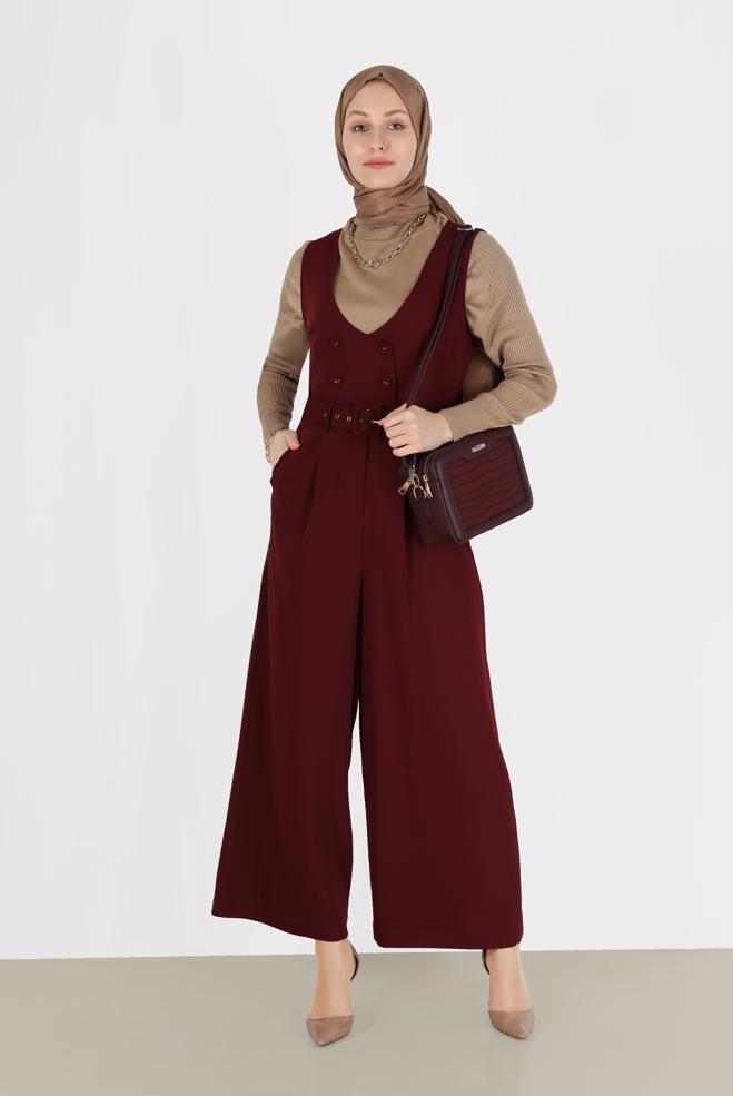 Hijab clothing CLARET RED BUTTON DETAIL BELTED OVERALLS 42422  - ALVİNA