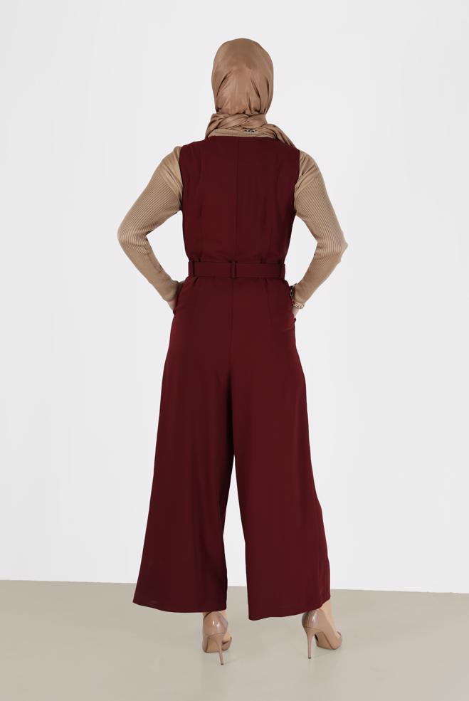 Hijab clothing CLARET RED BUTTON DETAIL BELTED OVERALLS 42422  - ALVİNA