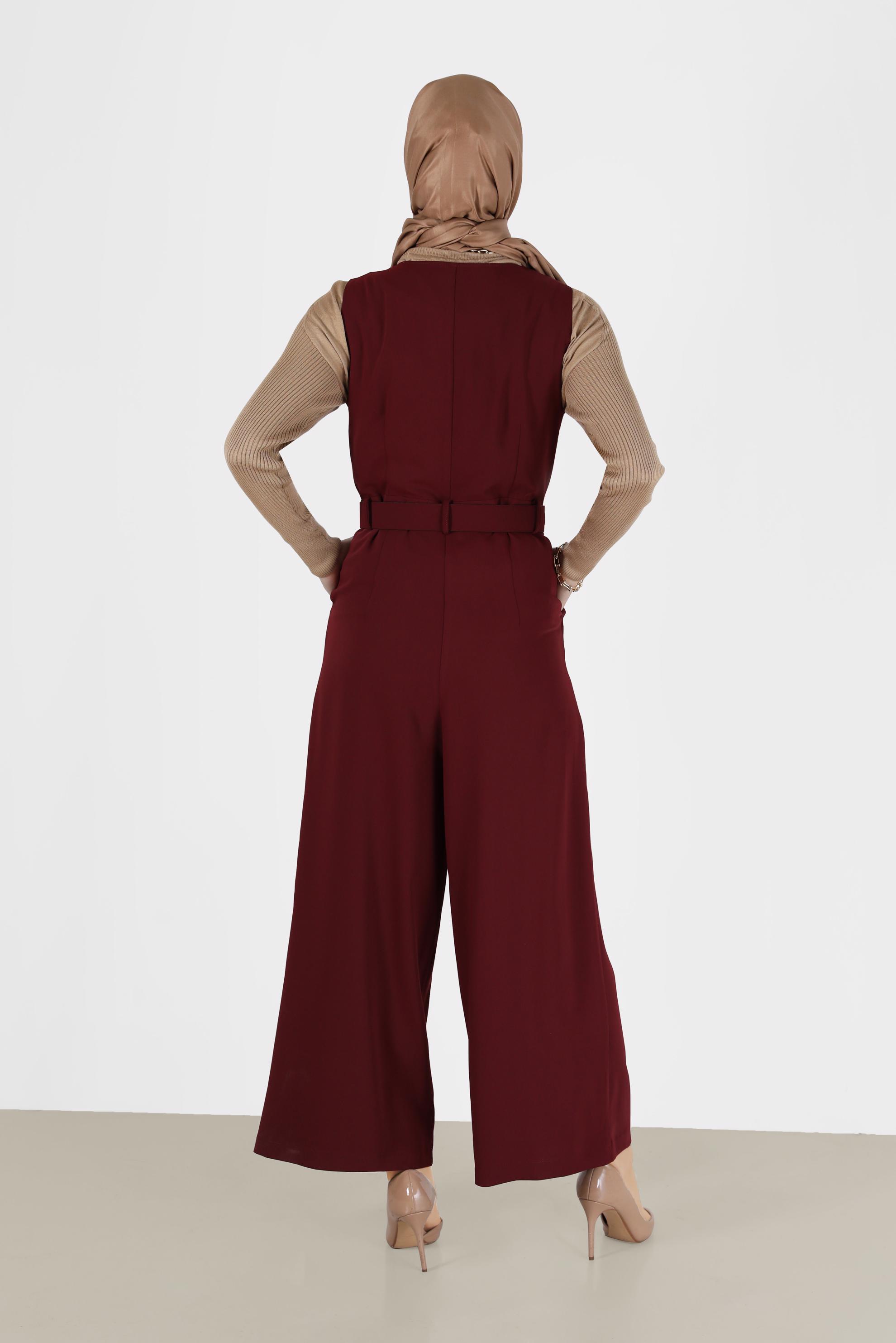 Hijab clothing CLARET RED BUTTON DETAIL BELTED OVERALLS 42422 