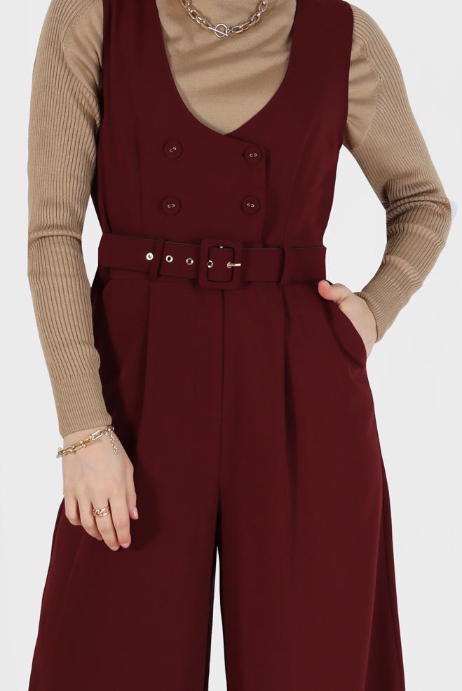 Hijab clothing CLARET RED BUTTON DETAIL BELTED OVERALLS 42422  - ALVİNA