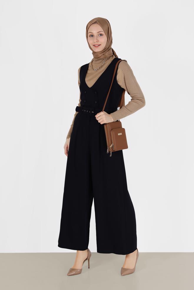 Hijab clothing NAVY BLUE BUTTON DETAIL BELTED OVERALLS 42422  - ALVİNA