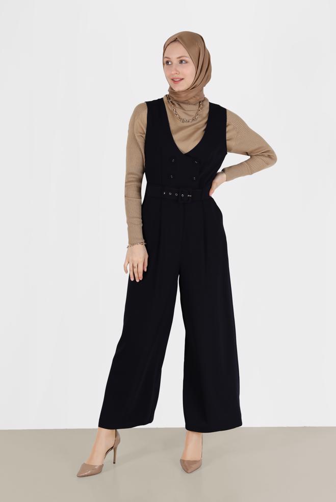 Hijab clothing NAVY BLUE BUTTON DETAIL BELTED OVERALLS 42422  - ALVİNA