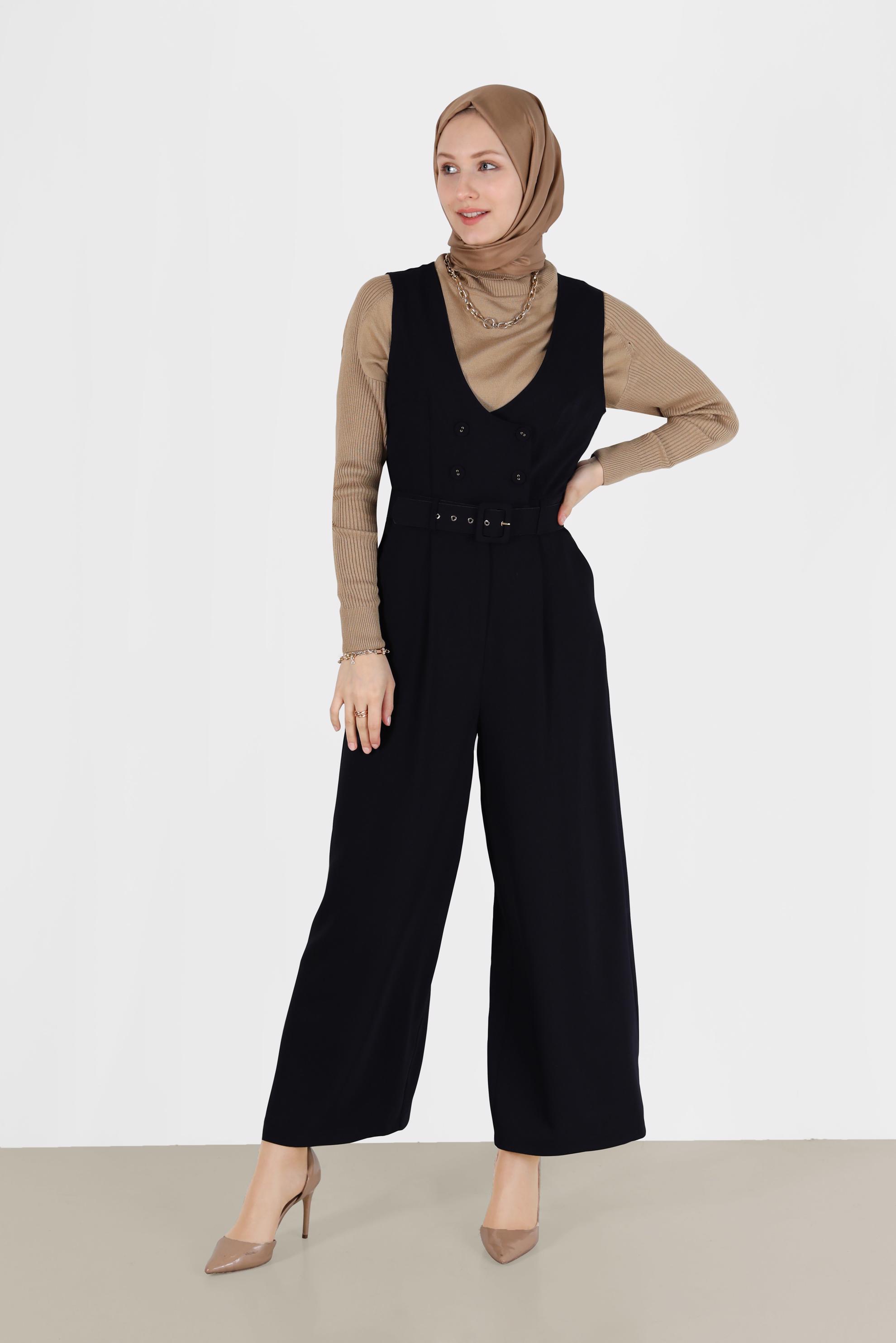 Hijab clothing NAVY BLUE BUTTON DETAIL BELTED OVERALLS 42422 