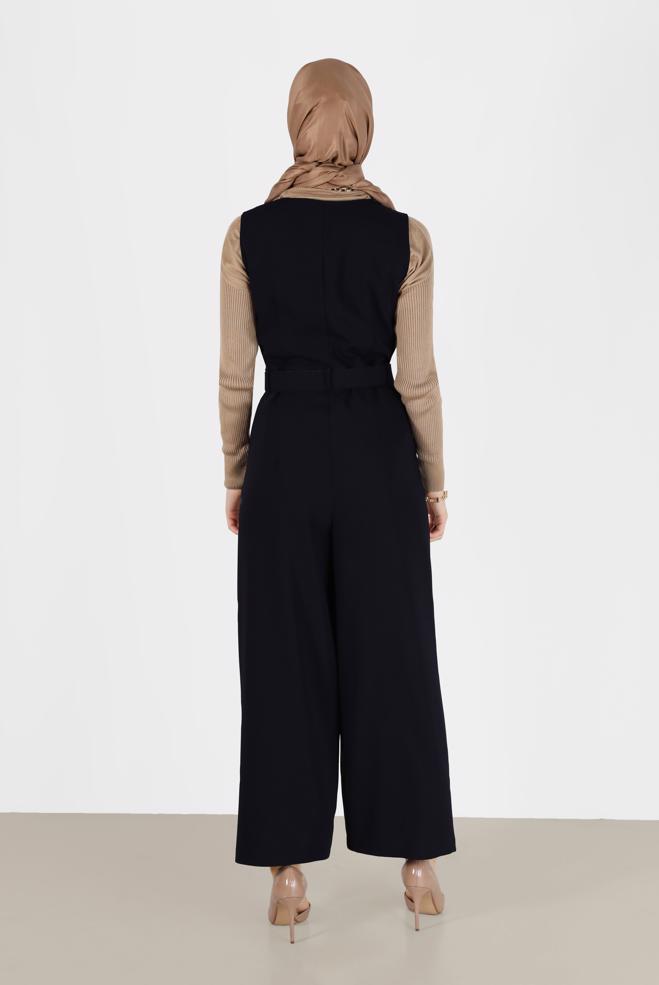 Hijab clothing NAVY BLUE BUTTON DETAIL BELTED OVERALLS 42422  - ALVİNA