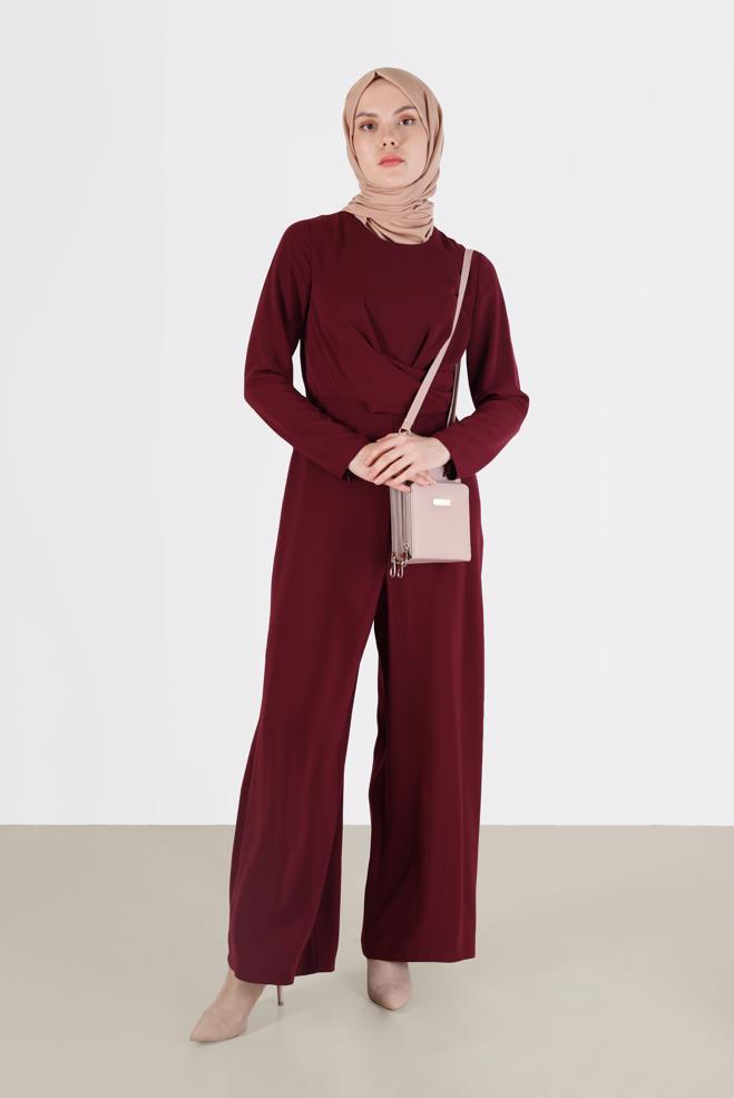 Hijab clothing CLARET RED DETAILED WAIST ZIPPERED OVERALLS 42451  - ALVİNA
