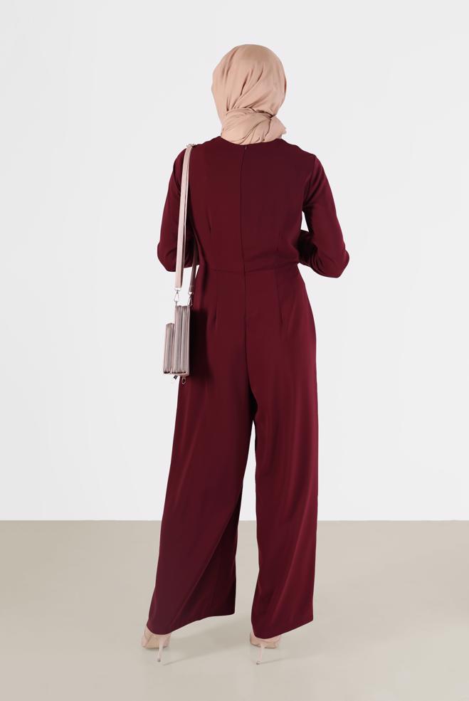 Hijab clothing CLARET RED DETAILED WAIST ZIPPERED OVERALLS 42451  - ALVİNA