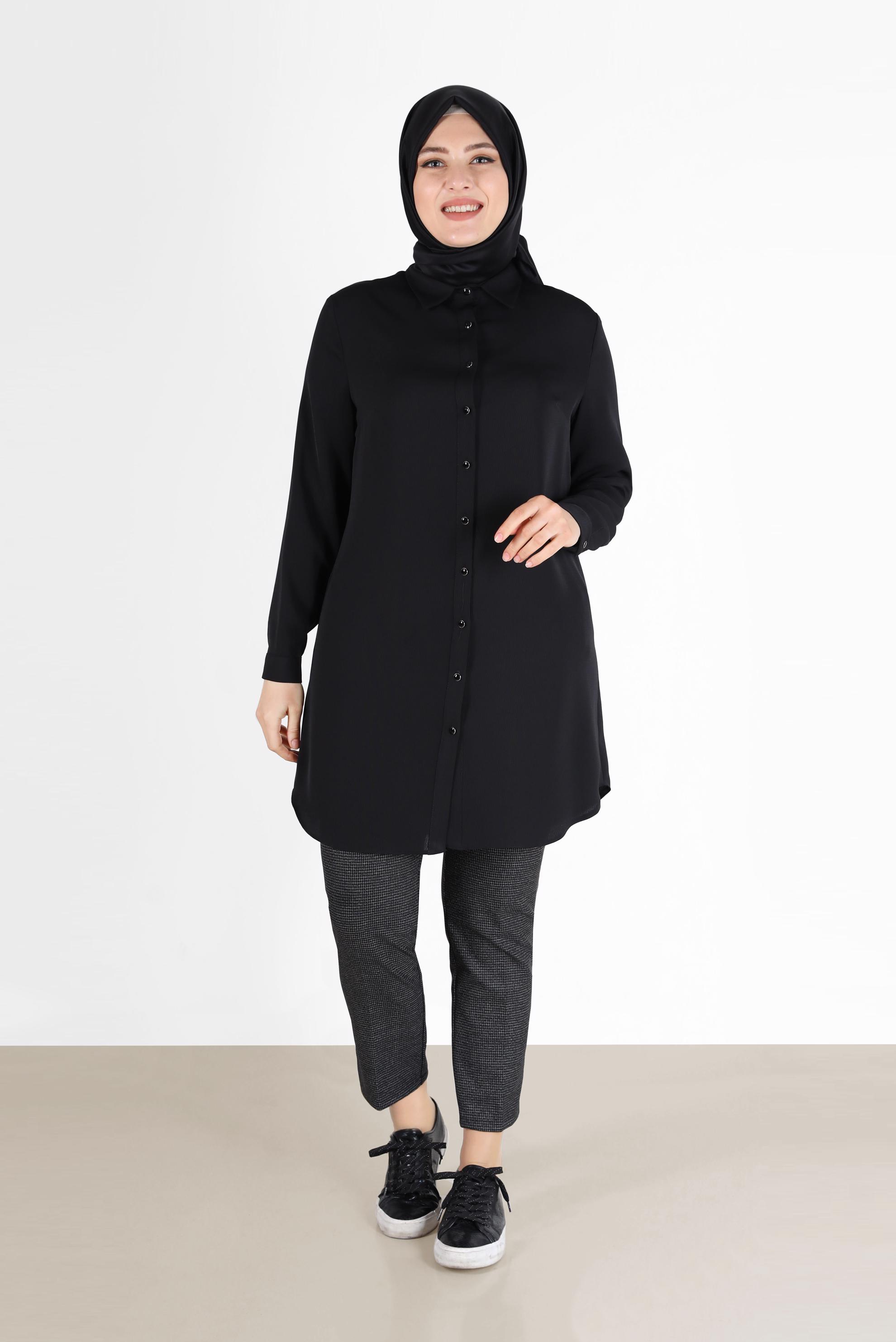 Tesettür giyim SİYAH BOYDAN DÜĞMELİ TUNİK 20181 