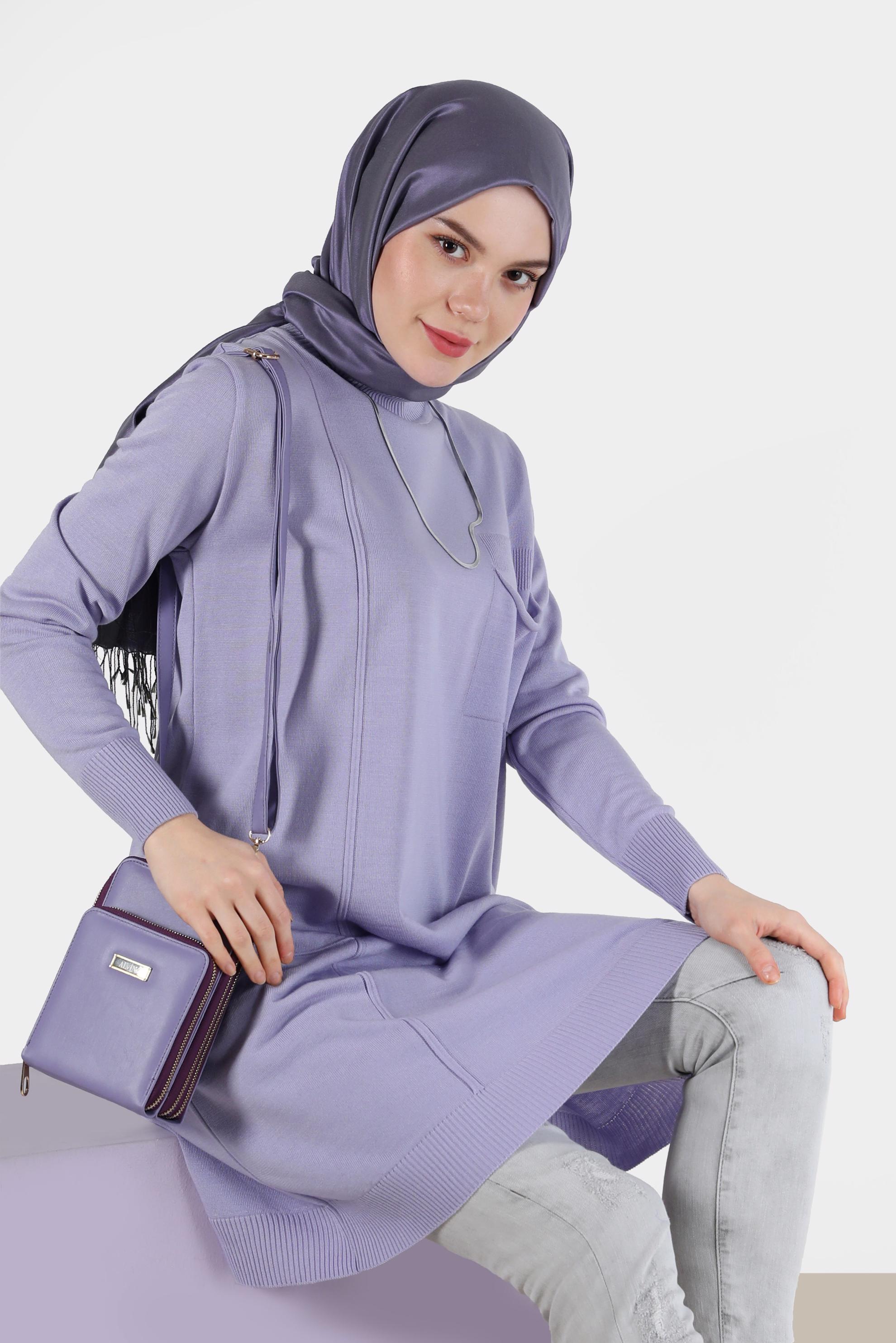 Tesettür giyim MOR CEP DETAYLI TRİKO TUNİK 42000 