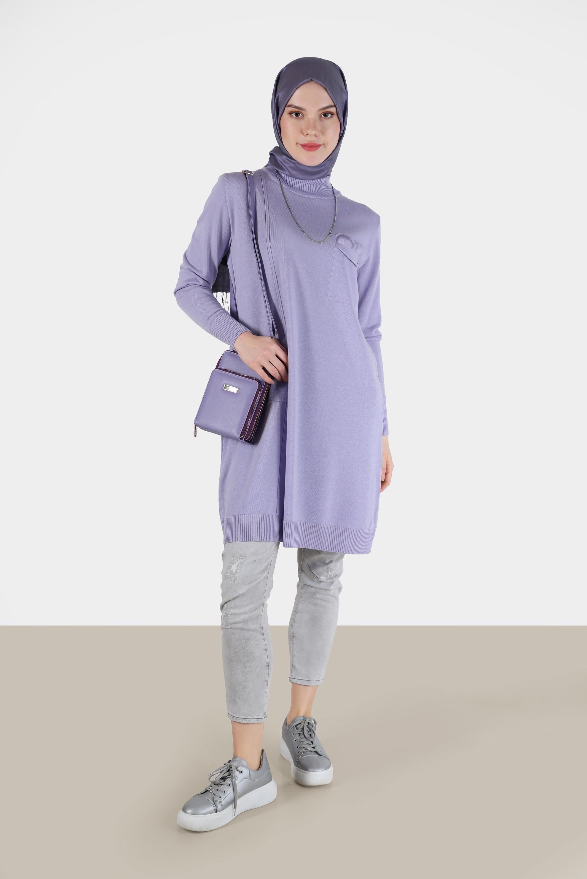 Tesettür giyim MOR CEP DETAYLI TRİKO TUNİK 42000 