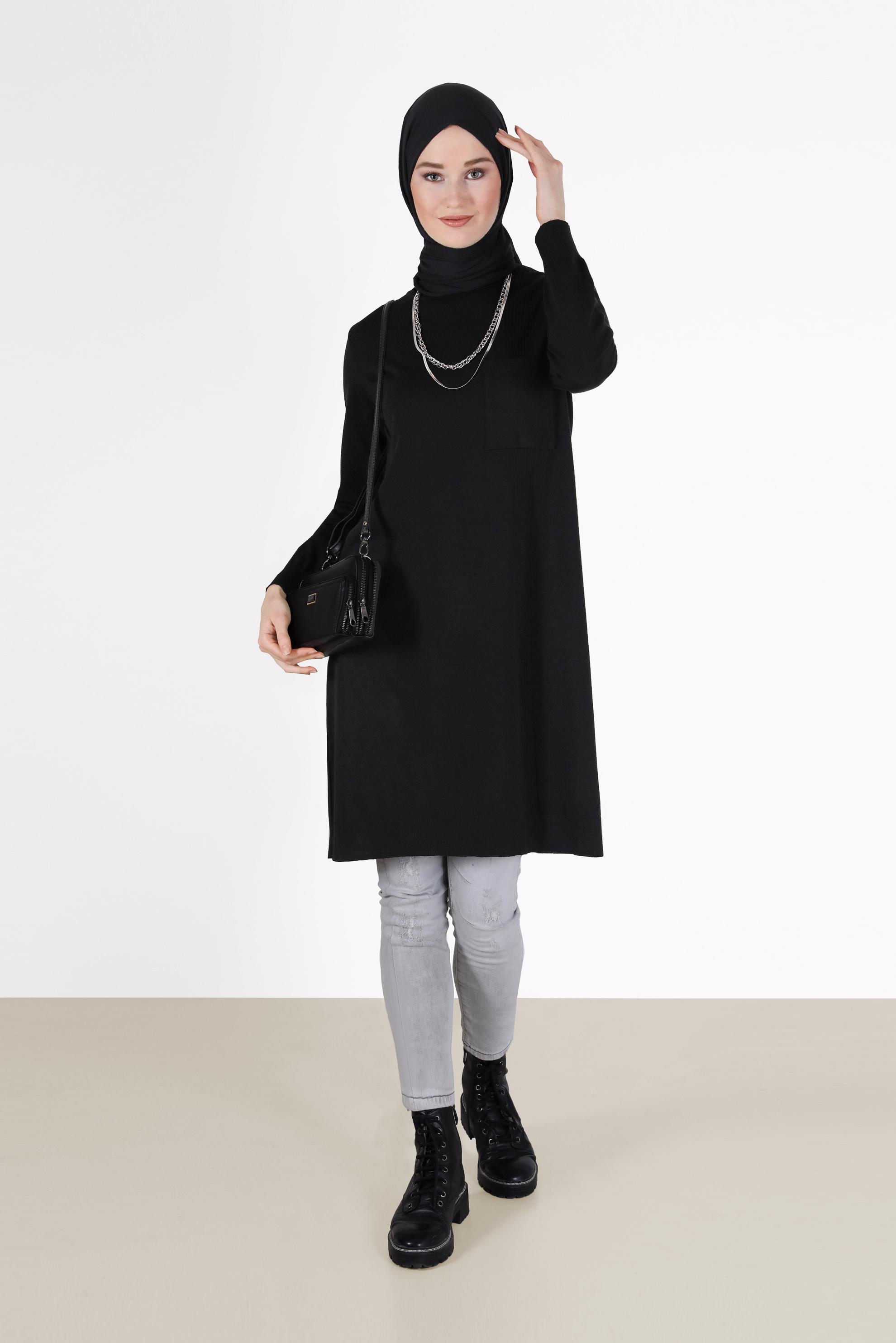 Tesettür giyim SİYAH CEP DETAYLI BASIC TRİKO TUNİK 42003 