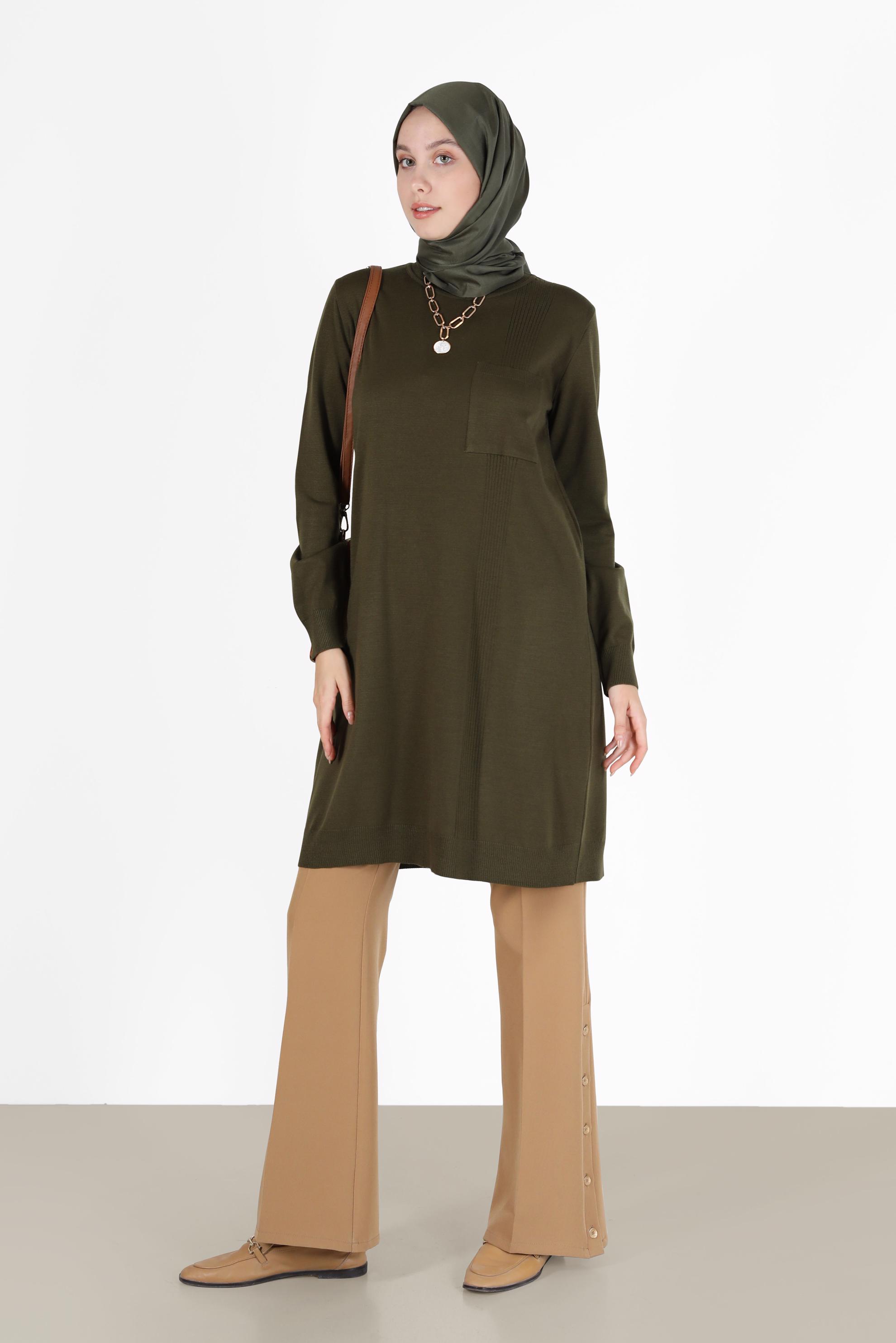 Tesettür giyim HAKİ CEP DETAYLI BASIC TRİKO TUNİK 42003 