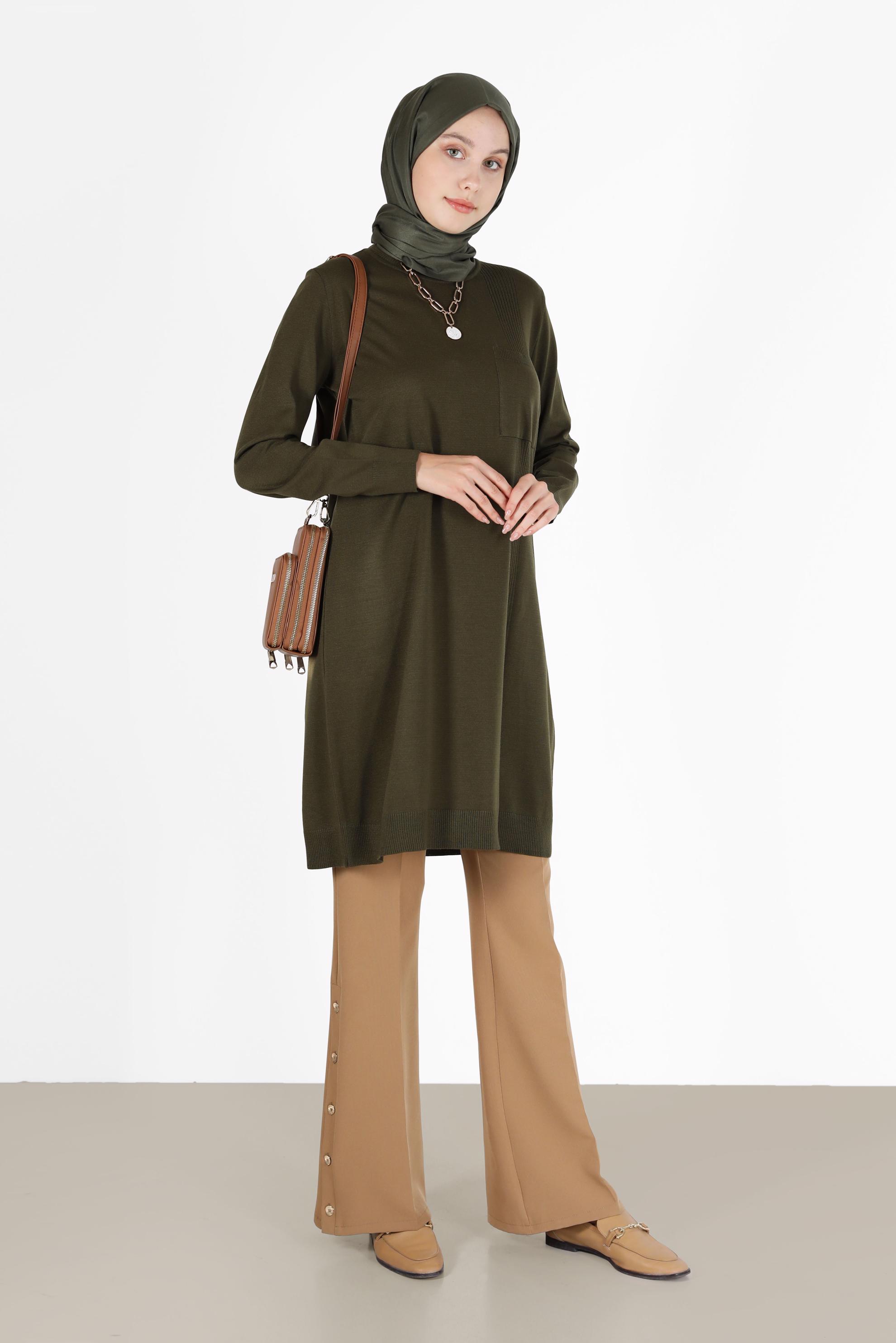 Tesettür giyim HAKİ CEP DETAYLI BASIC TRİKO TUNİK 42003 