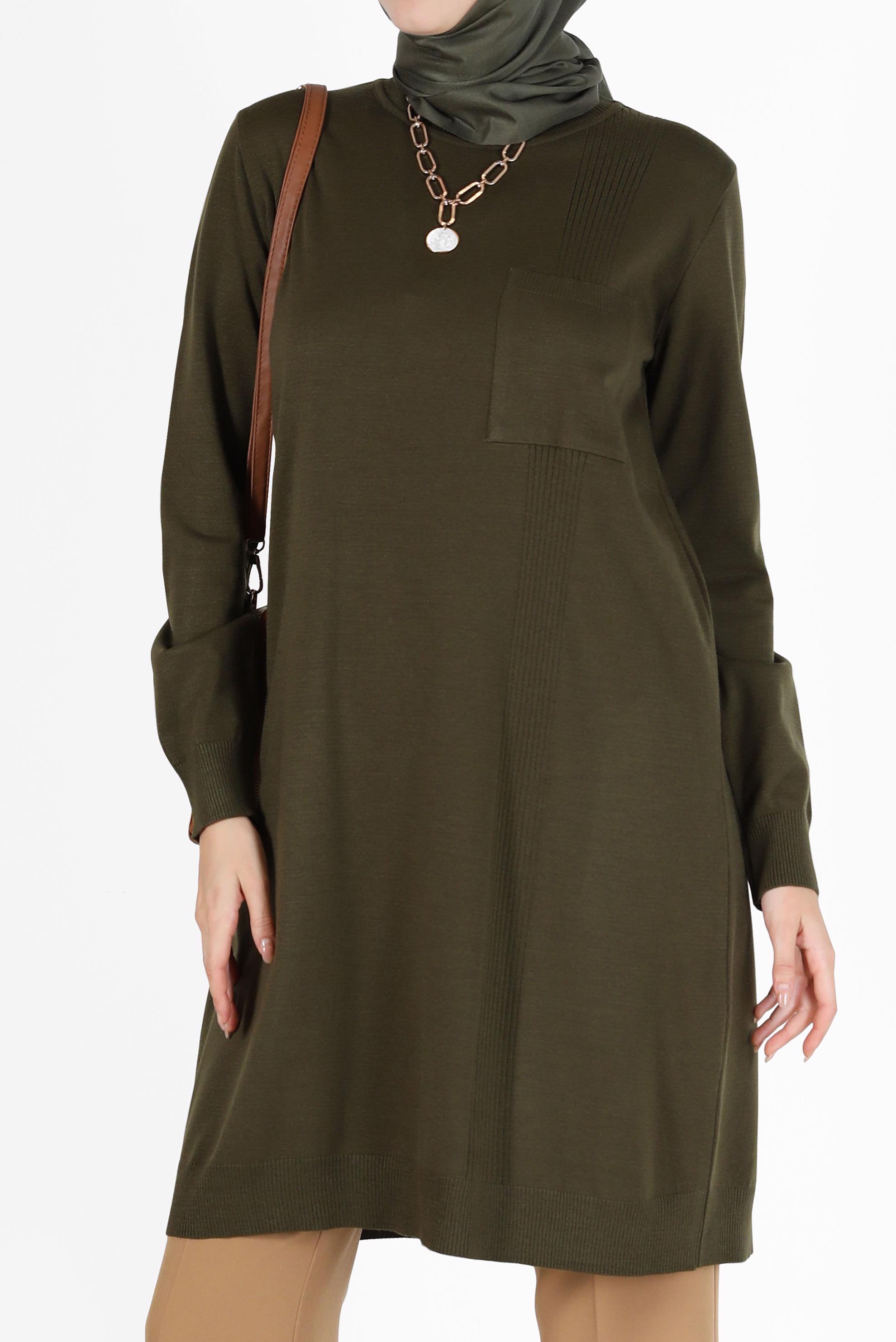 Tesettür giyim HAKİ CEP DETAYLI BASIC TRİKO TUNİK 42003 