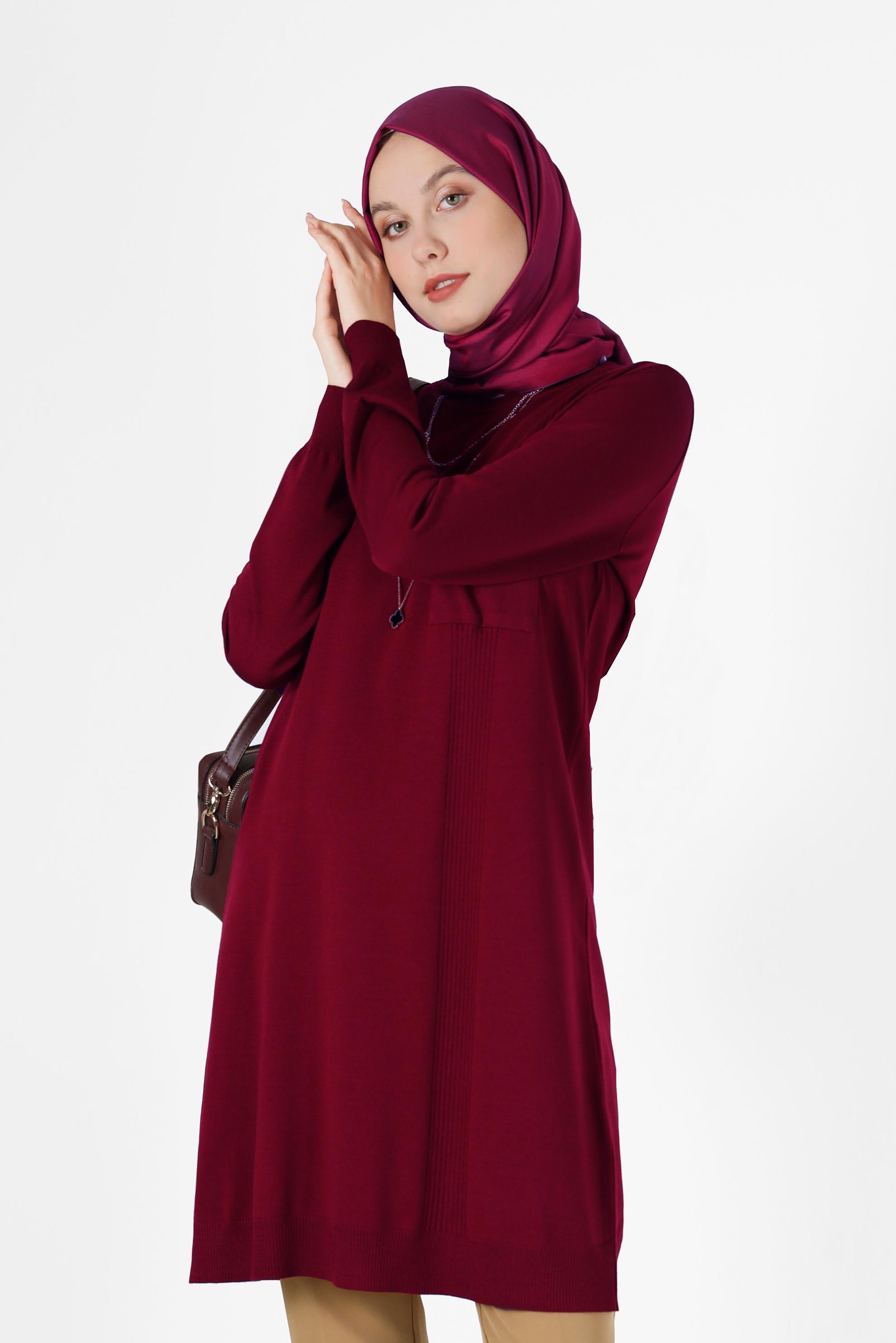 Tesettür giyim KIRMIZI CEP DETAYLI BASIC TRİKO TUNİK 42003 