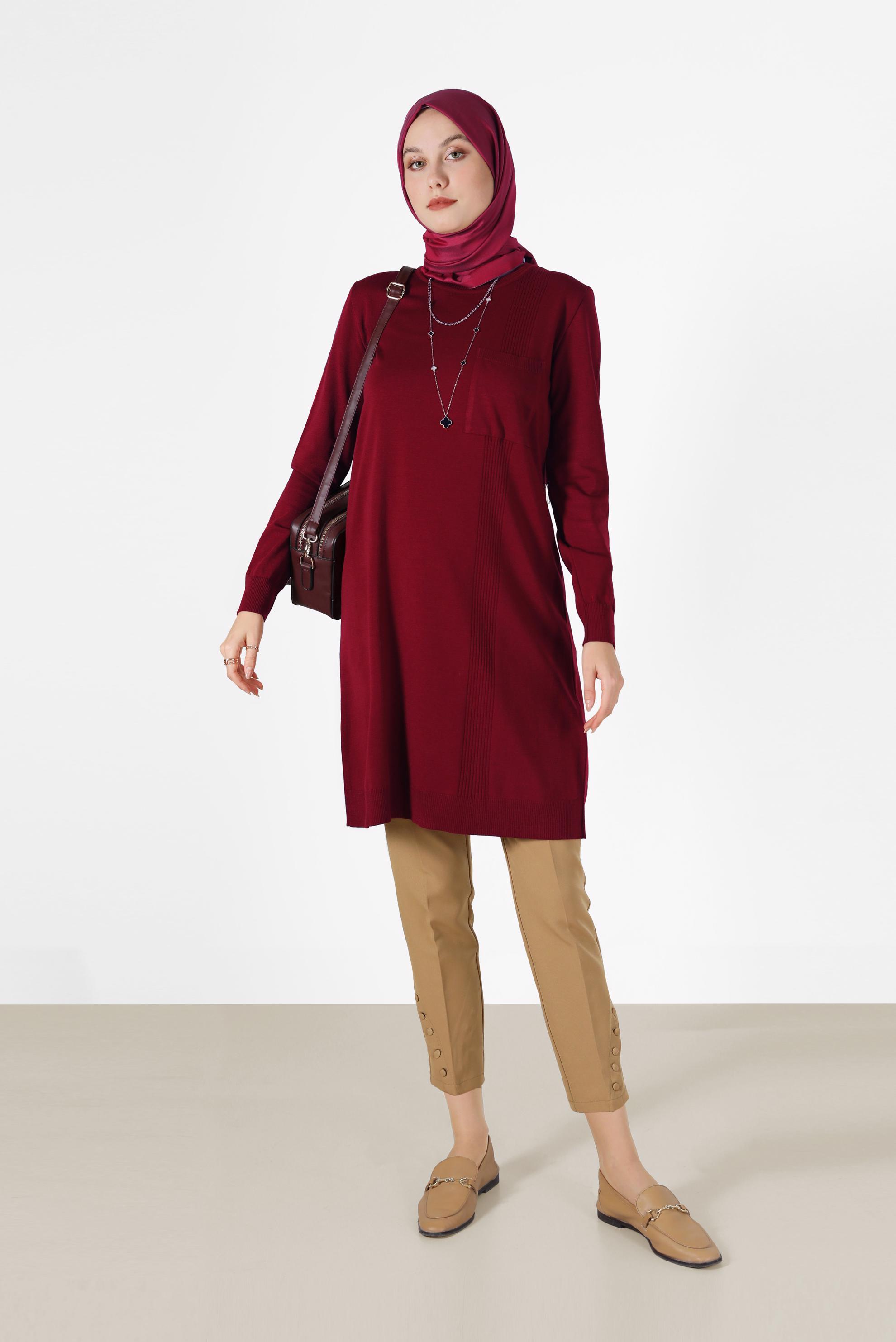 Tesettür giyim KIRMIZI CEP DETAYLI BASIC TRİKO TUNİK 42003 
