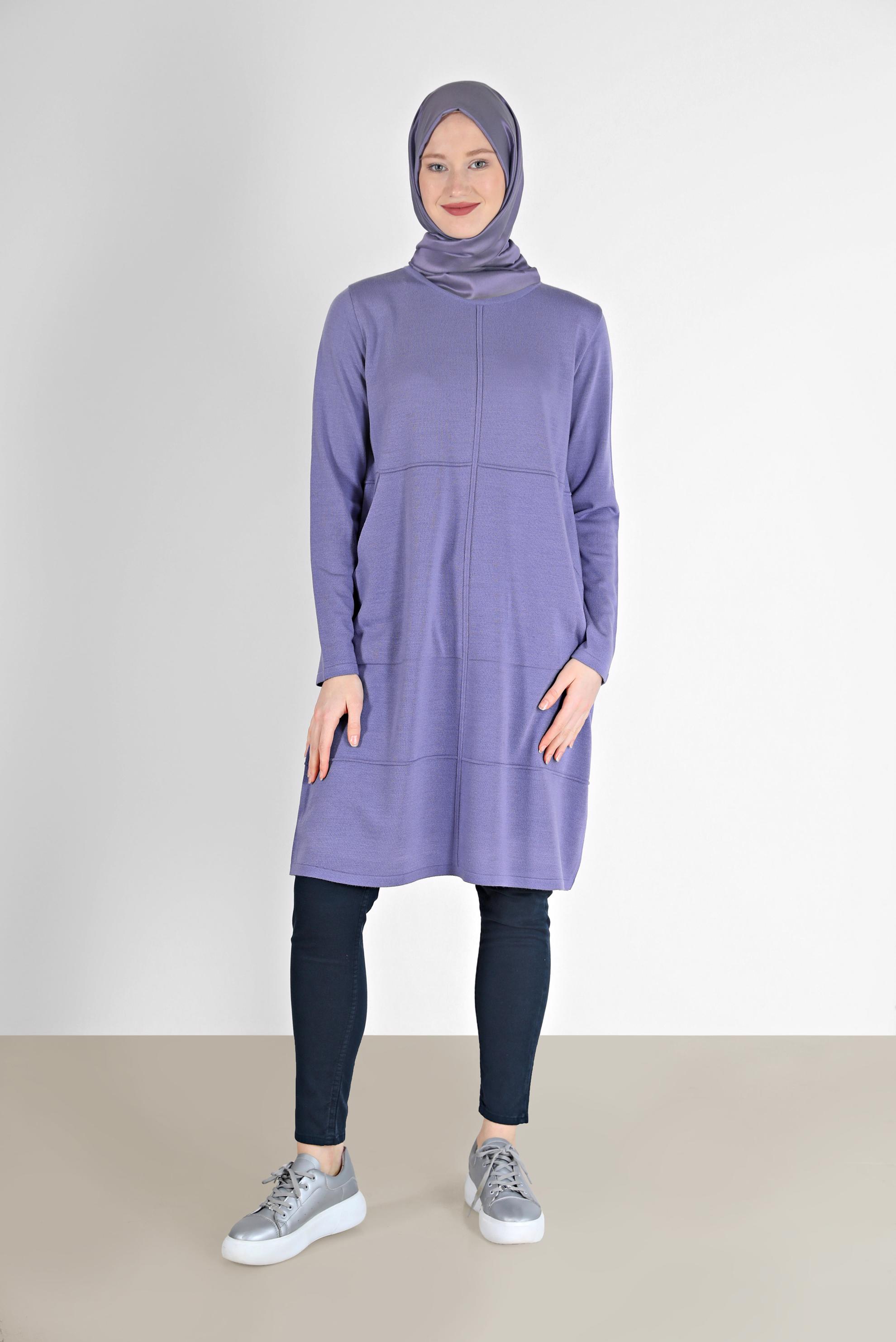 Tesettür giyim MOR KENDİNDEN ŞERİT DETAYLI TRİKO TUNİK 42004