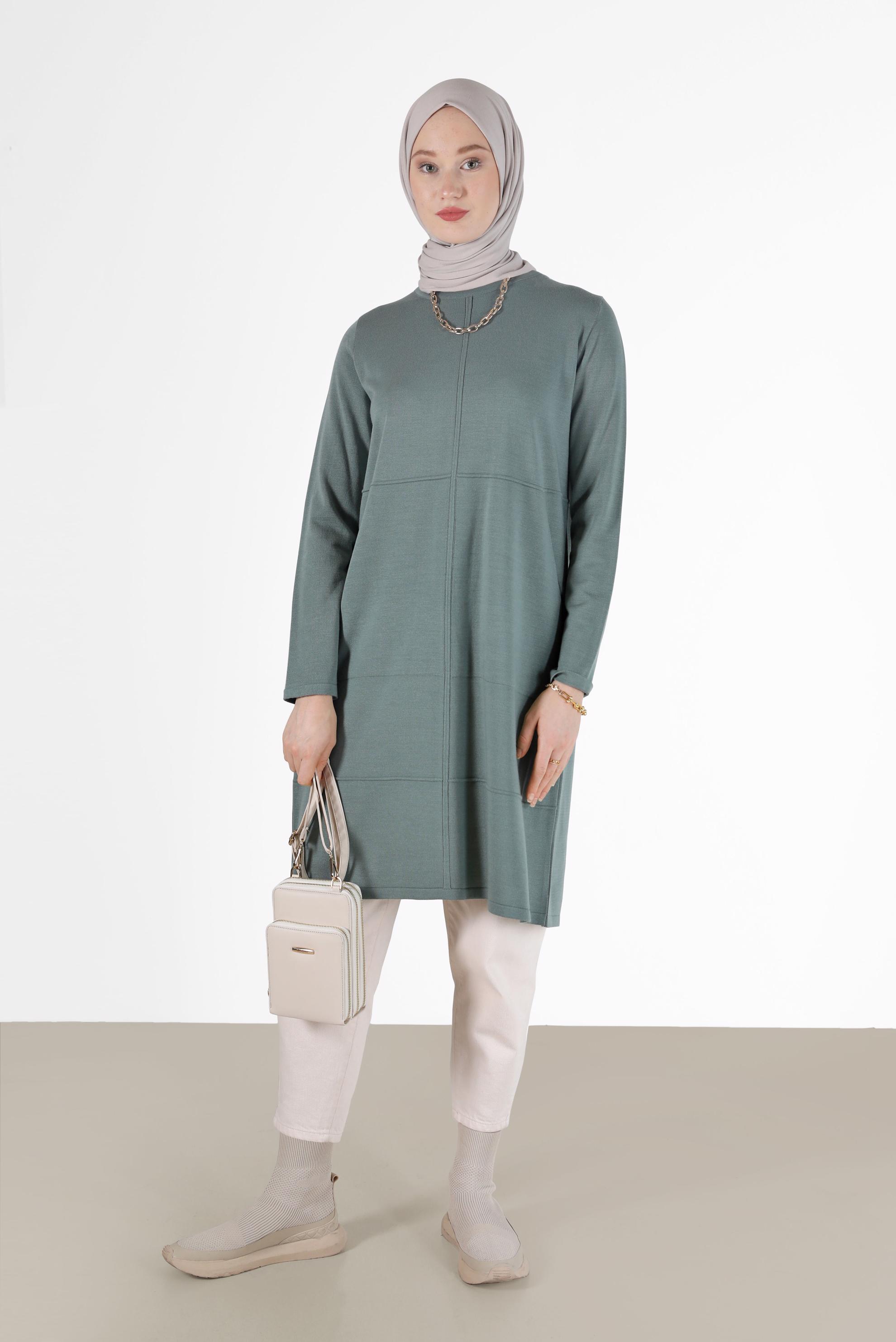 Tesettür giyim YEŞİL KENDİNDEN ŞERİT DETAYLI TRİKO TUNİK 42004