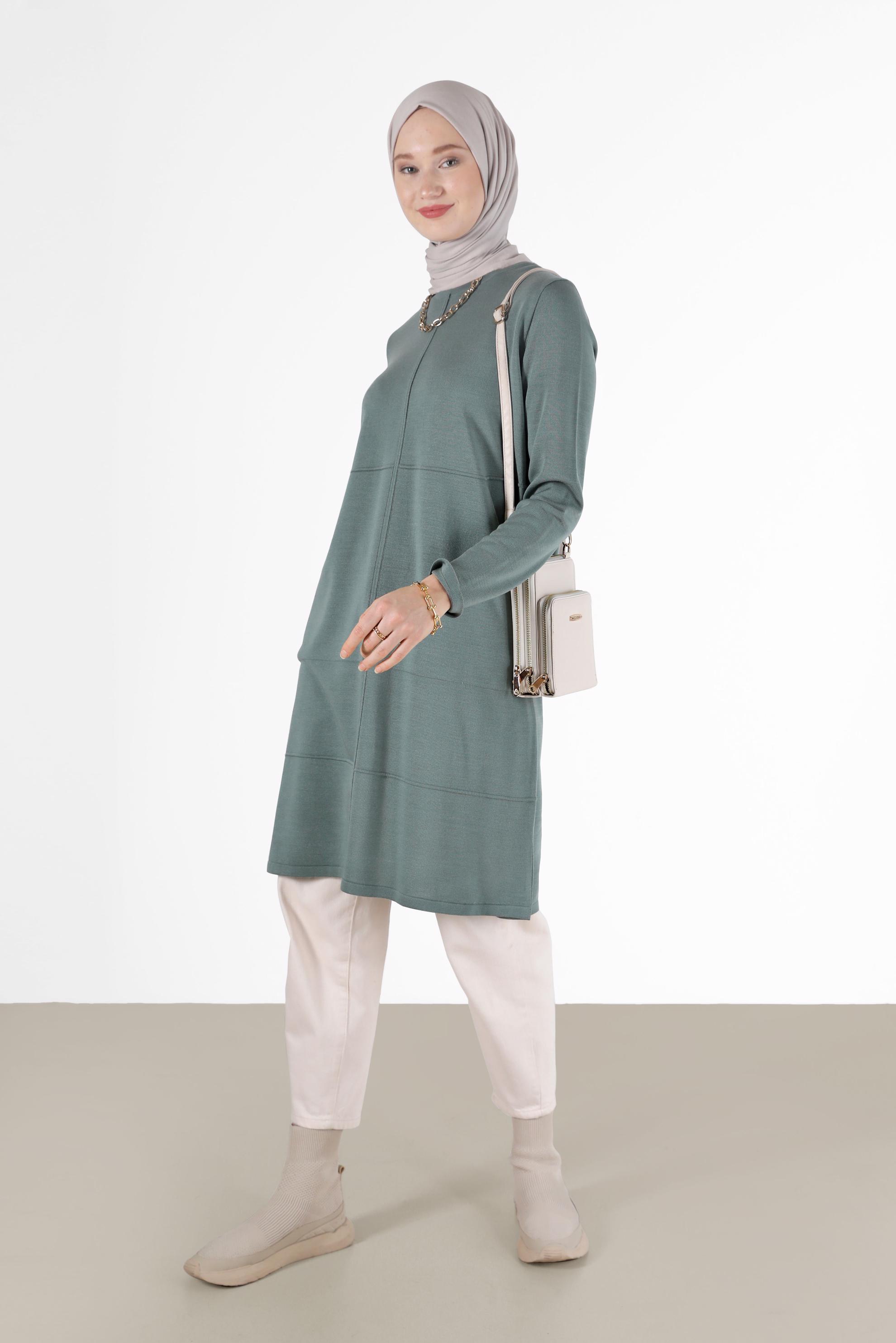 Tesettür giyim YEŞİL KENDİNDEN ŞERİT DETAYLI TRİKO TUNİK 42004