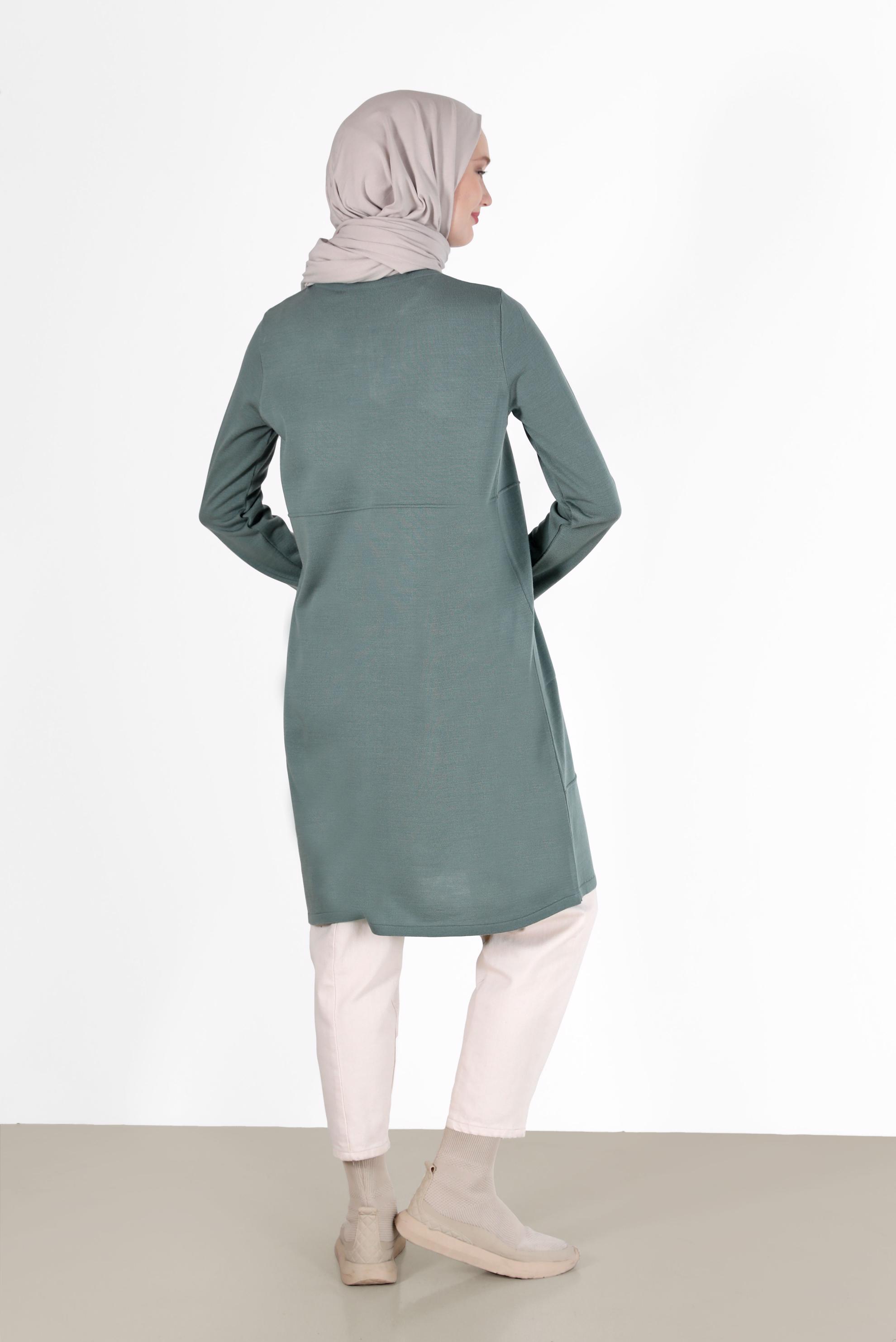 Tesettür giyim YEŞİL KENDİNDEN ŞERİT DETAYLI TRİKO TUNİK 42004