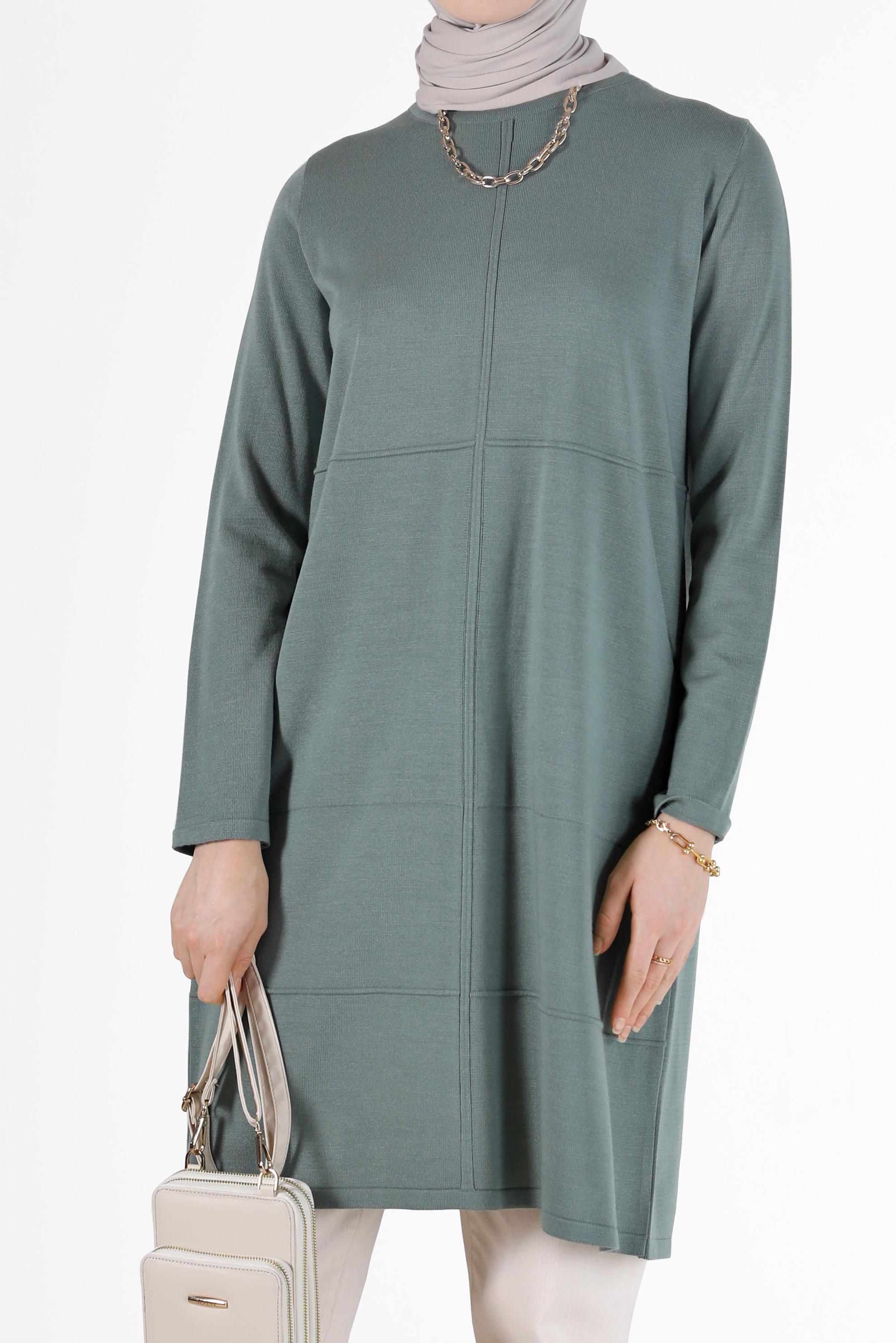 Tesettür giyim YEŞİL KENDİNDEN ŞERİT DETAYLI TRİKO TUNİK 42004