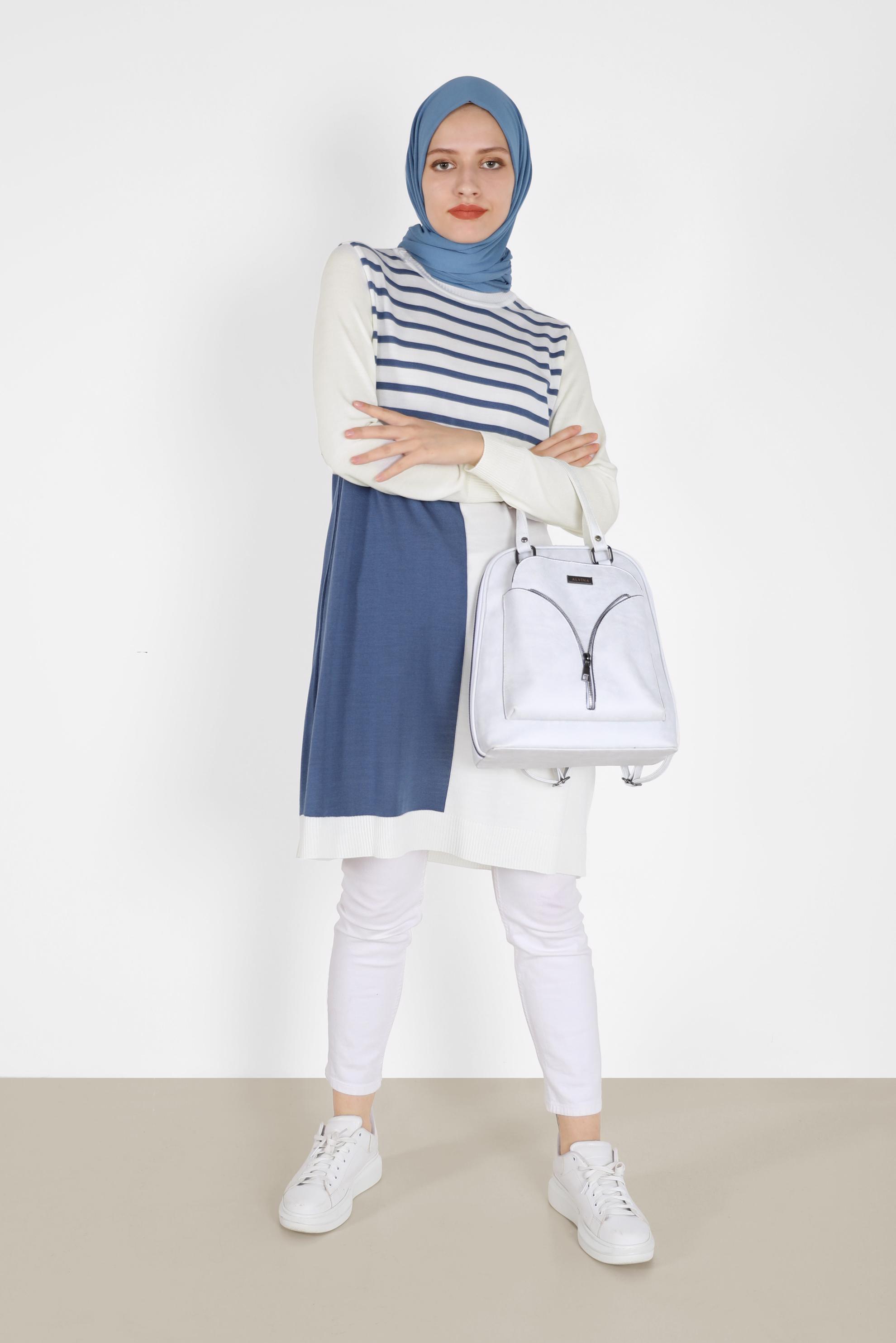 Tesettür giyim LACİVERT ŞERİT DETAYLI İKİ RENKLİ TRİKO TUNİK 42005 