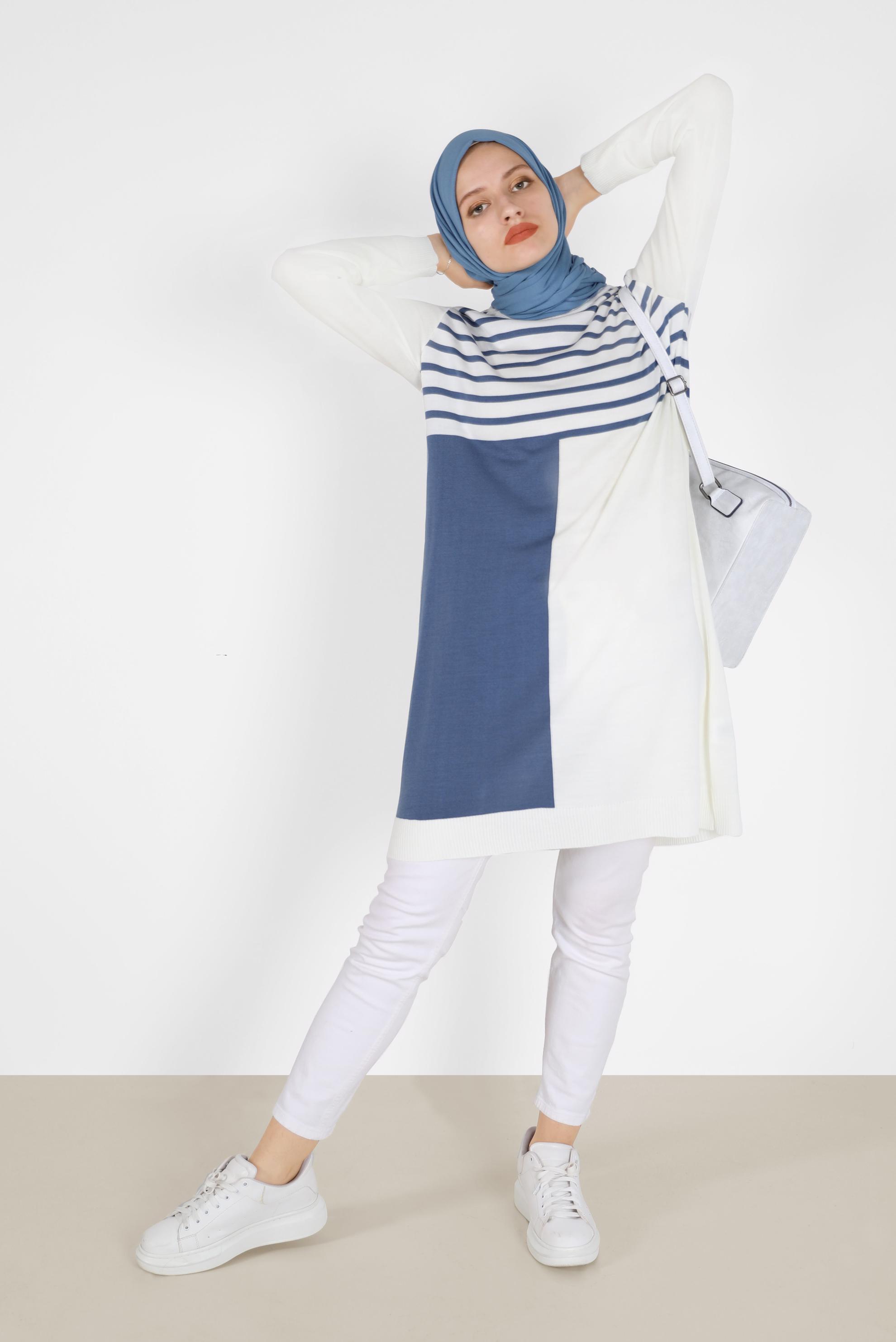 Tesettür giyim LACİVERT ŞERİT DETAYLI İKİ RENKLİ TRİKO TUNİK 42005 