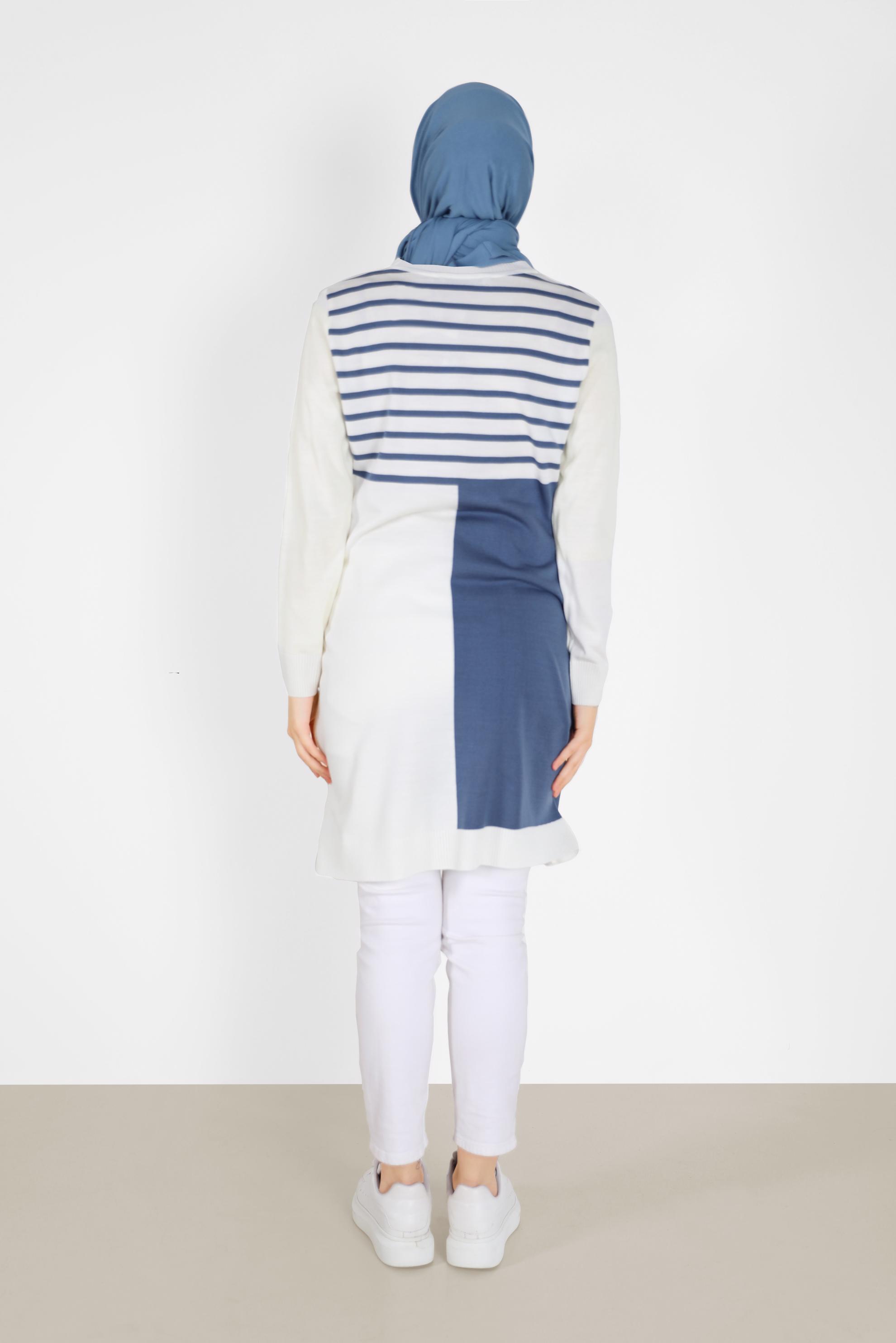 Tesettür giyim LACİVERT ŞERİT DETAYLI İKİ RENKLİ TRİKO TUNİK 42005 