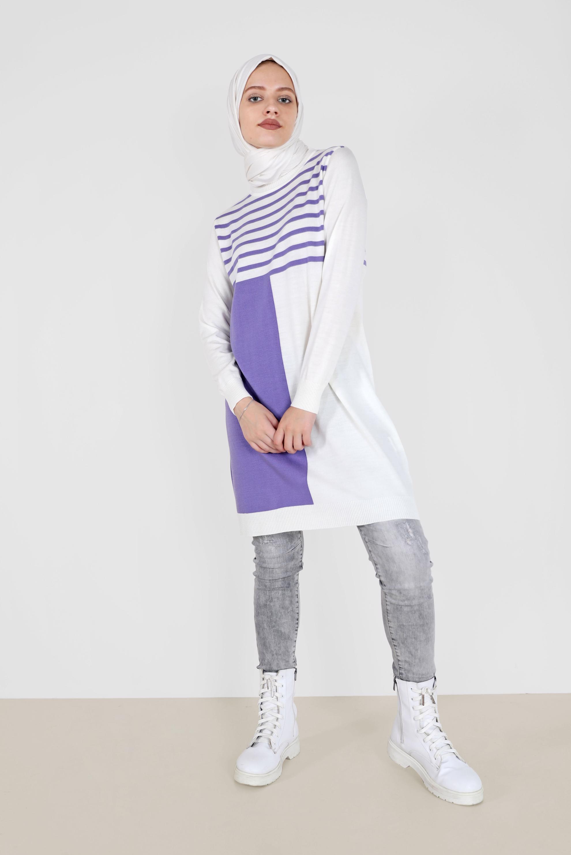 Tesettür giyim MOR ŞERİT DETAYLI İKİ RENKLİ TRİKO TUNİK 42005 