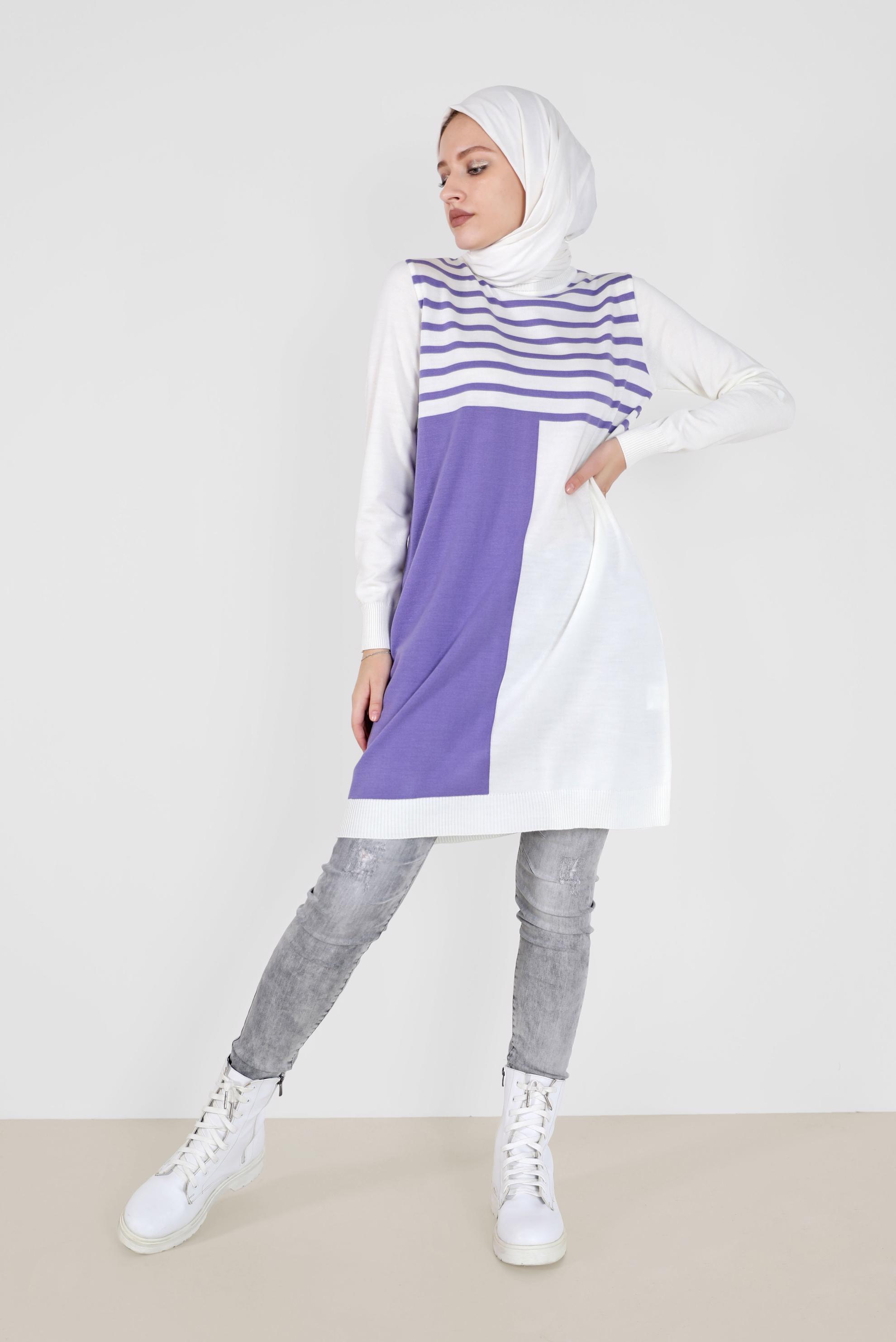 Tesettür giyim MOR ŞERİT DETAYLI İKİ RENKLİ TRİKO TUNİK 42005 