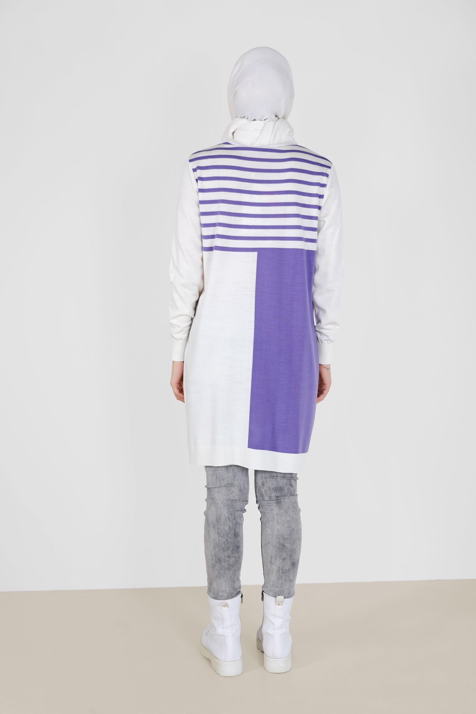 Tesettür giyim MOR ŞERİT DETAYLI İKİ RENKLİ TRİKO TUNİK 42005 