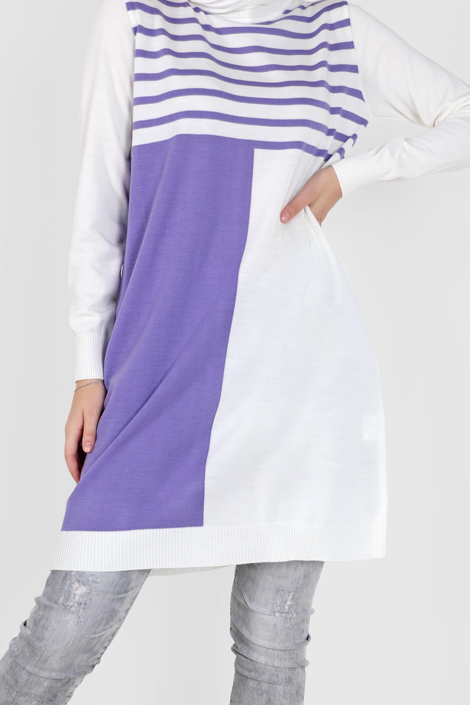 Tesettür giyim MOR ŞERİT DETAYLI İKİ RENKLİ TRİKO TUNİK 42005 