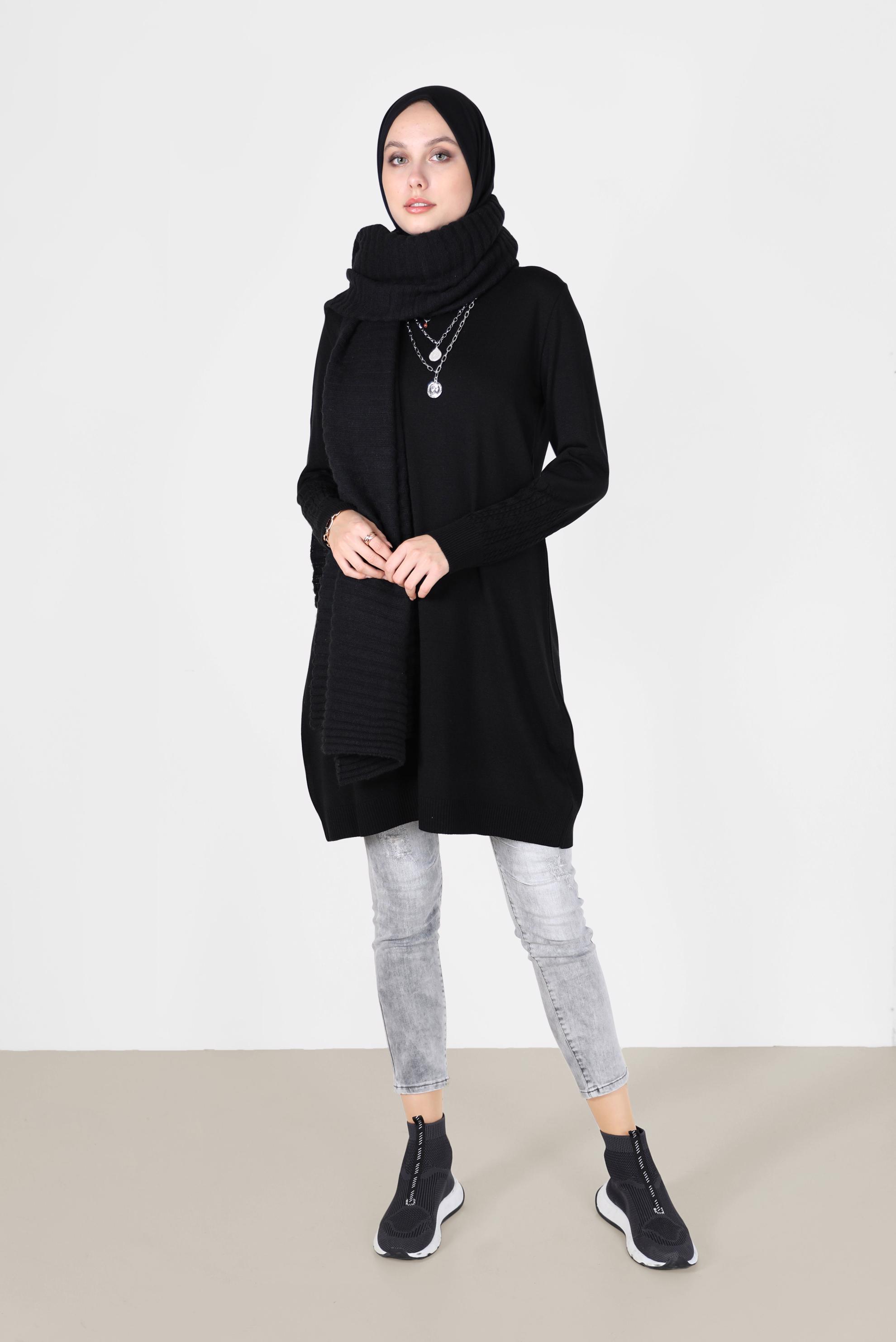 Tesettür giyim SİYAH KOL UCU ÖRGÜ DETAYLI TRİKO TUNİK 42006 