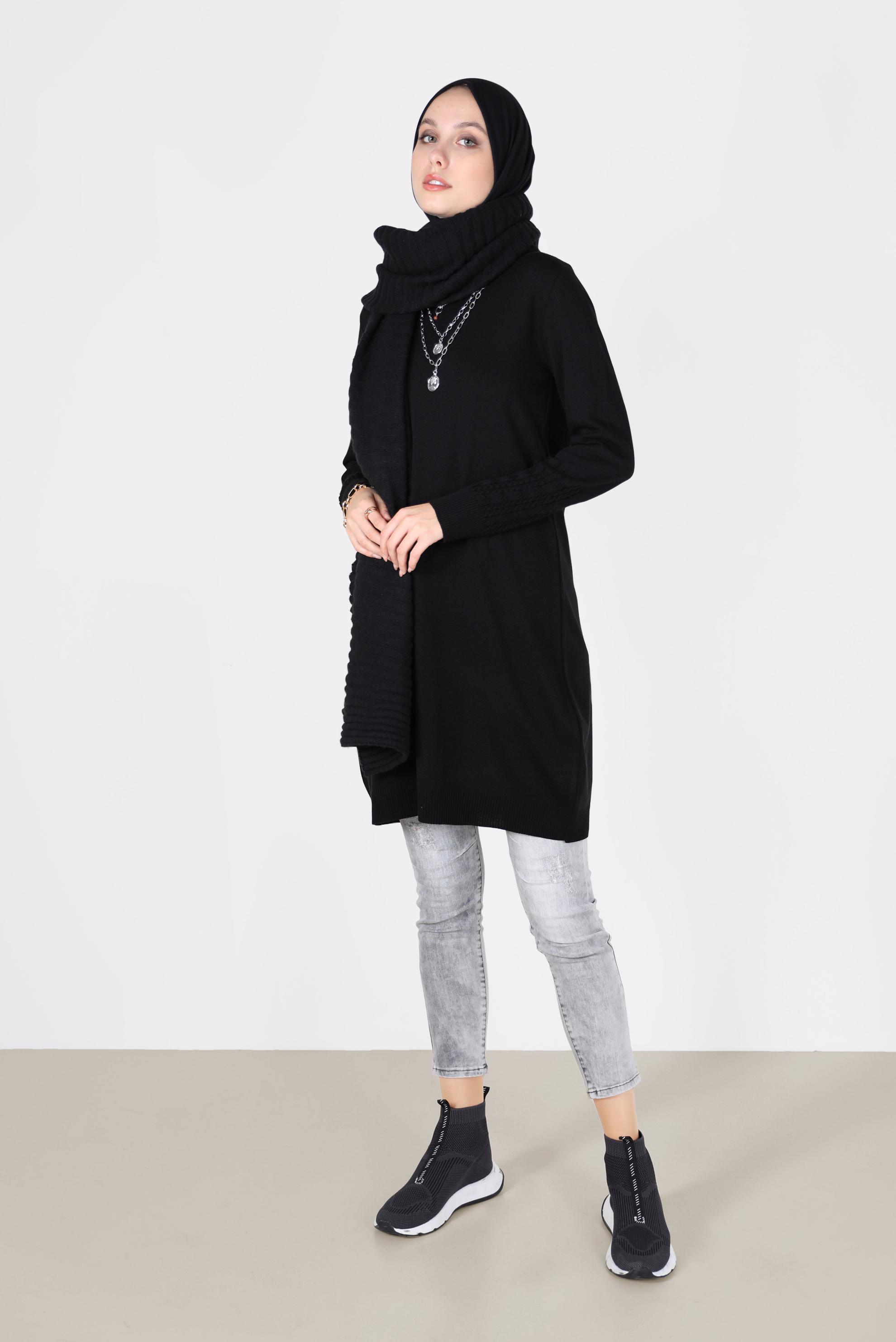 Tesettür giyim SİYAH KOL UCU ÖRGÜ DETAYLI TRİKO TUNİK 42006 