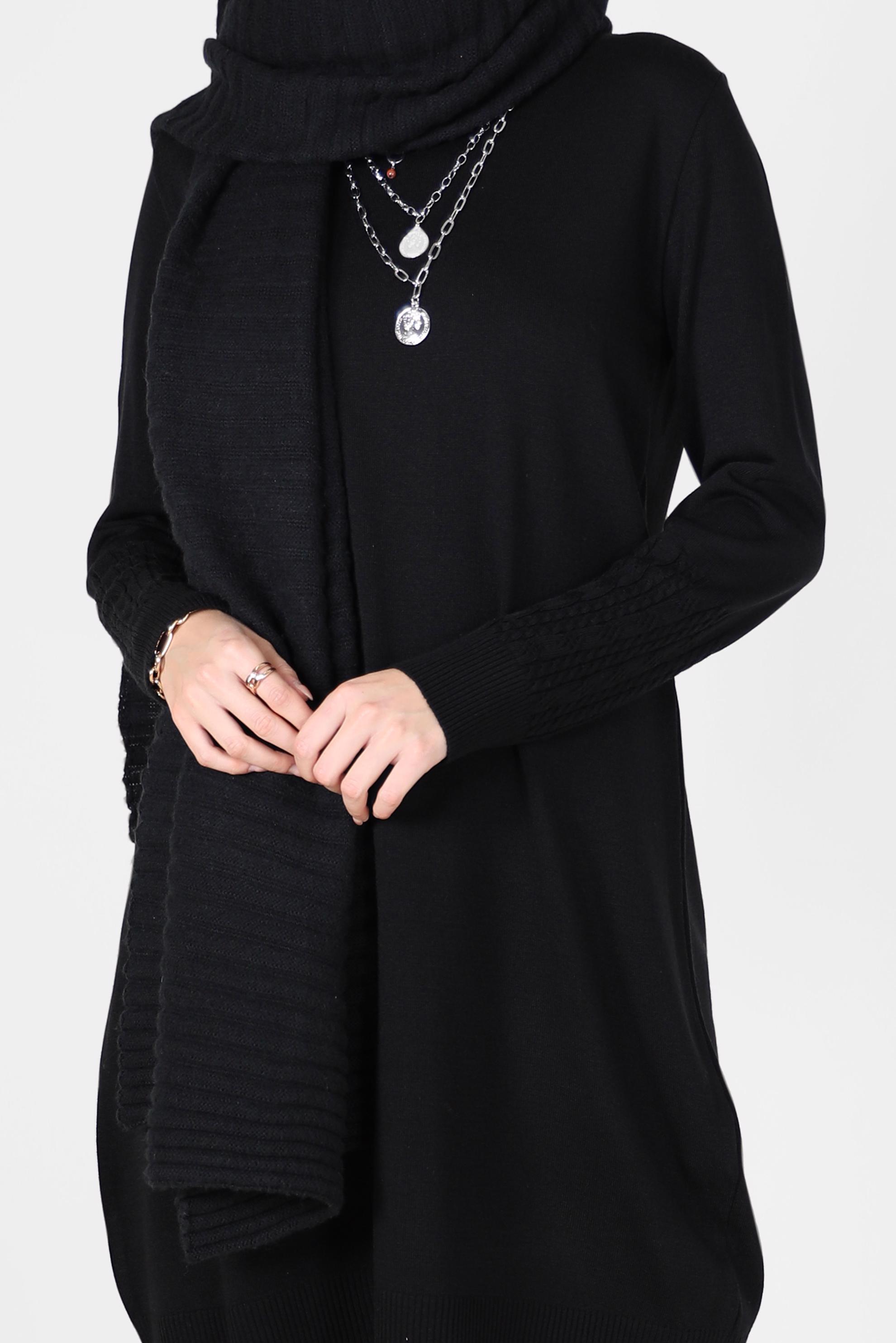 Tesettür giyim SİYAH KOL UCU ÖRGÜ DETAYLI TRİKO TUNİK 42006 