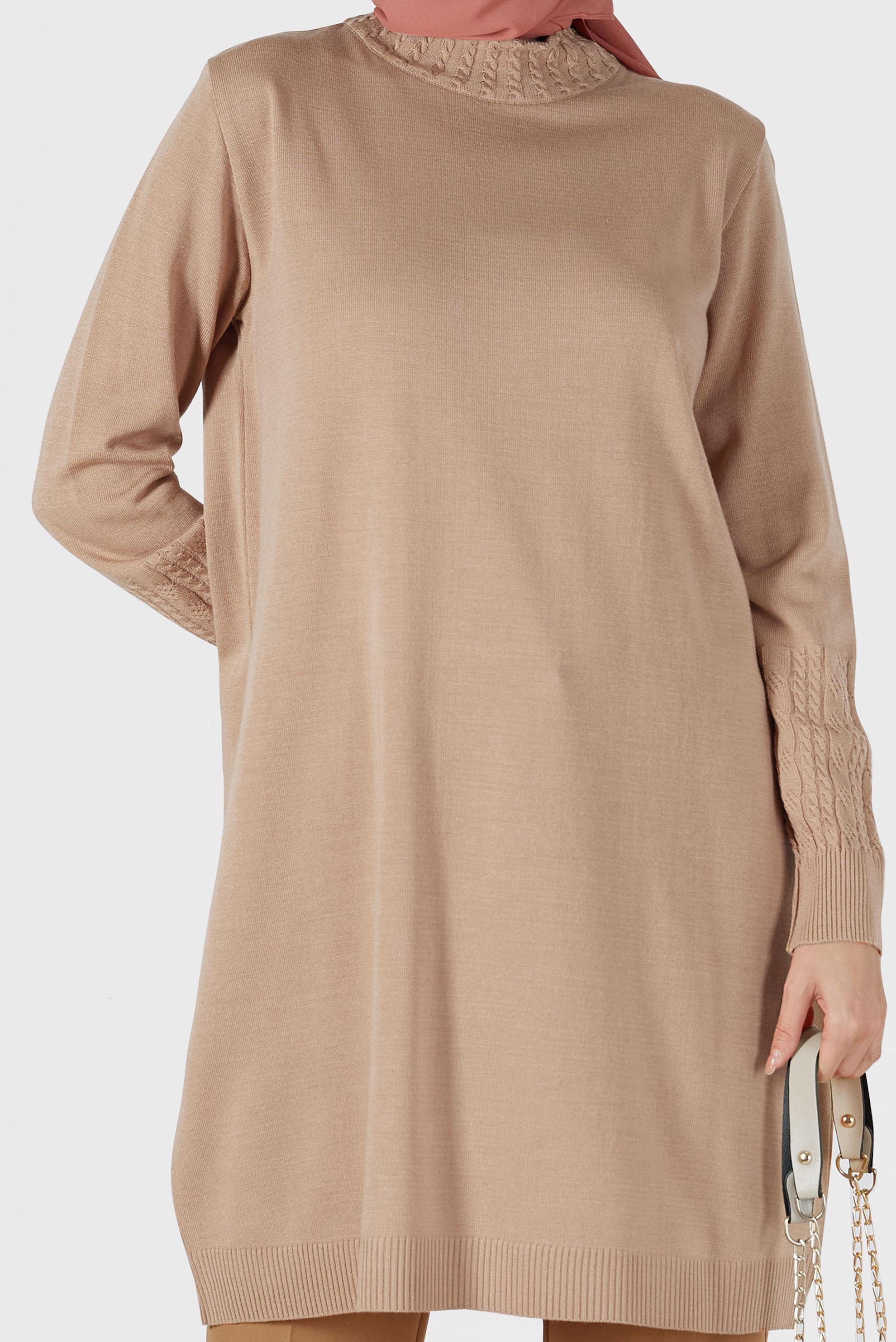 Tesettür giyim BEJ KOL UCU ÖRGÜ DETAYLI TRİKO TUNİK 42006 