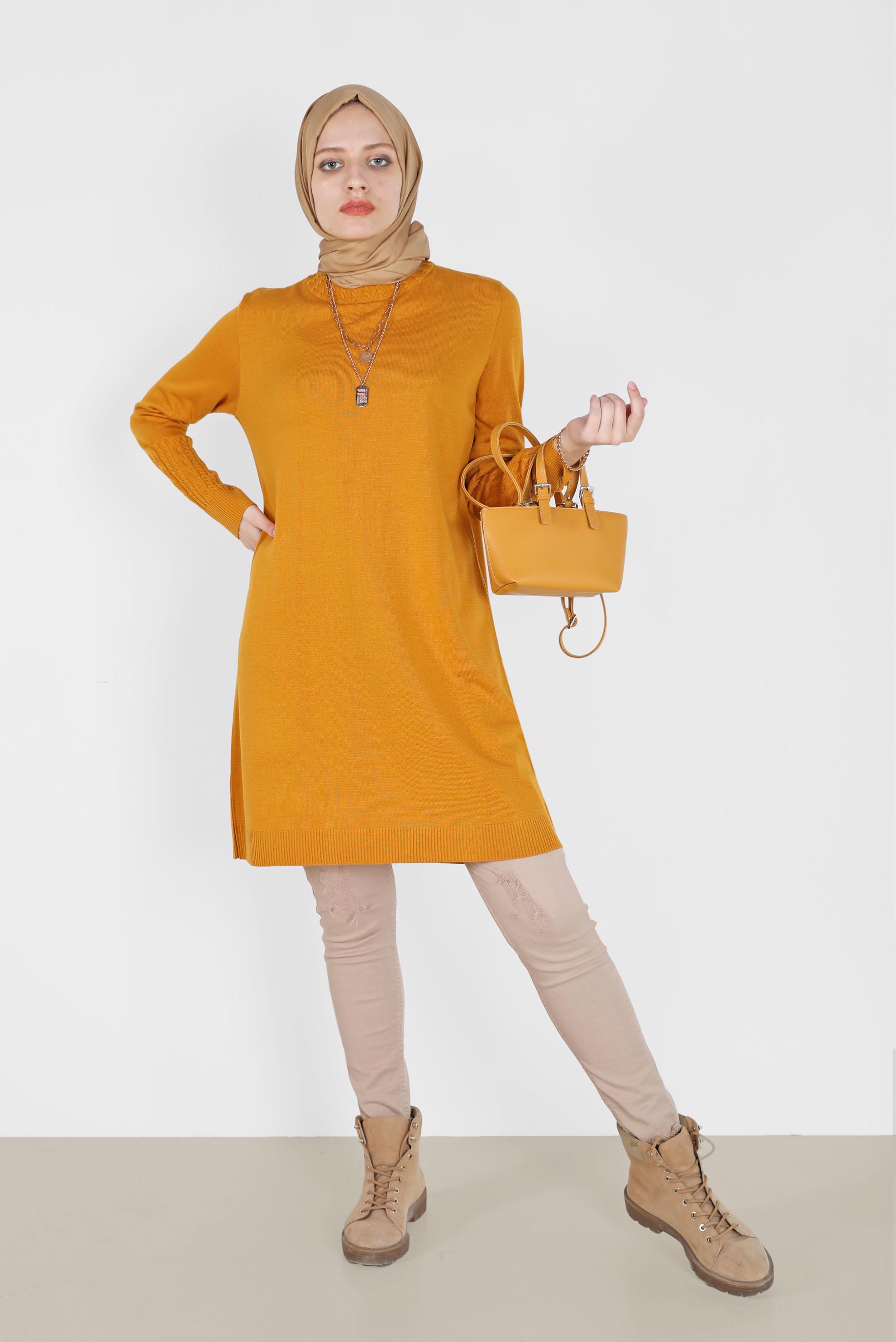 Tesettür giyim SARI KOL UCU ÖRGÜ DETAYLI TRİKO TUNİK 42006 