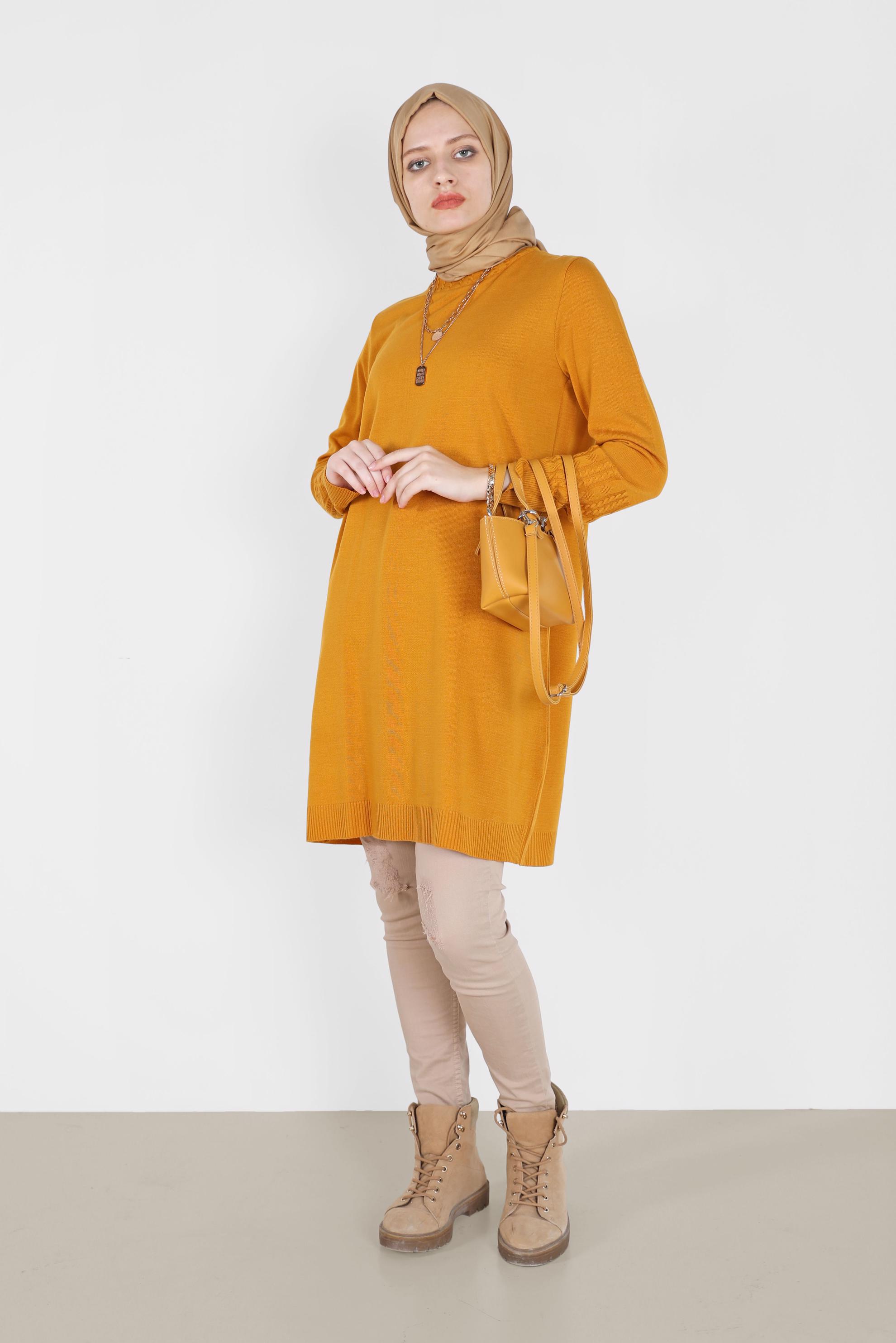 Tesettür giyim SARI KOL UCU ÖRGÜ DETAYLI TRİKO TUNİK 42006 