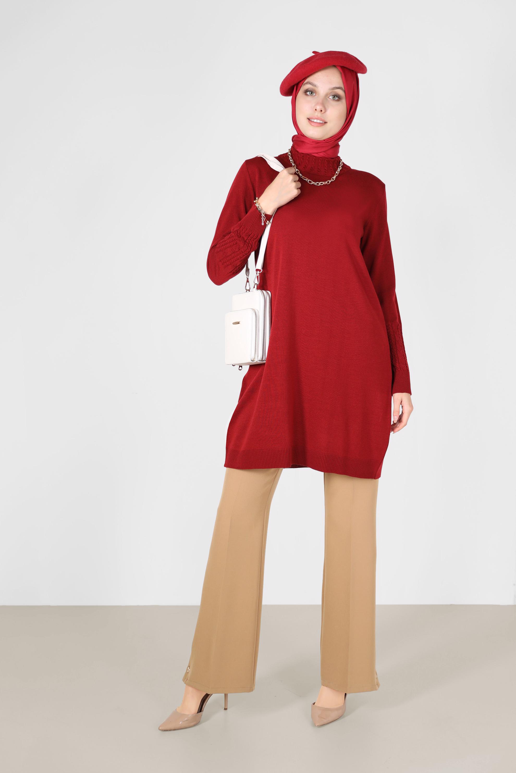 Tesettür giyim KIRMIZI KOL UCU ÖRGÜ DETAYLI TRİKO TUNİK 42006 