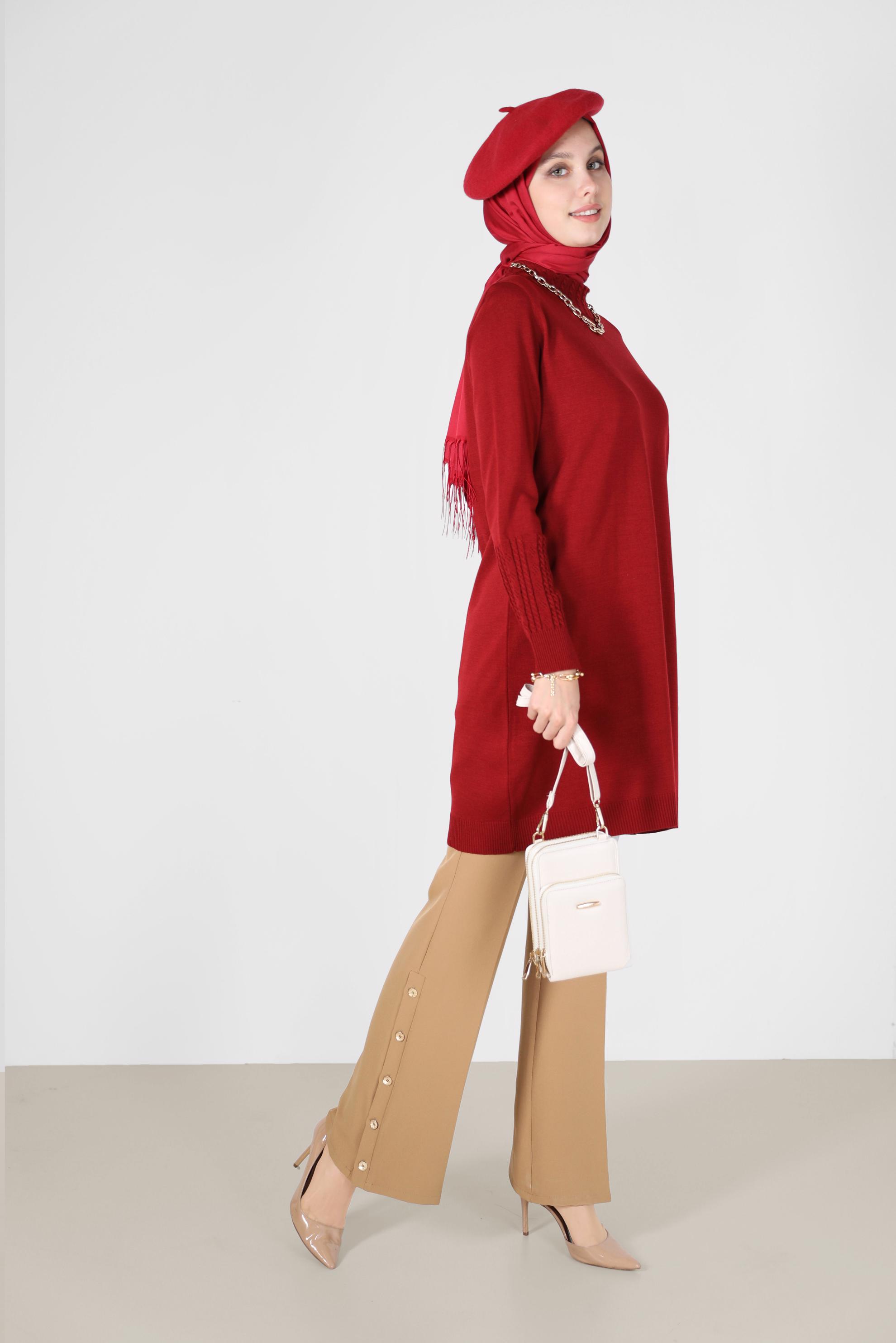 Tesettür giyim KIRMIZI KOL UCU ÖRGÜ DETAYLI TRİKO TUNİK 42006 