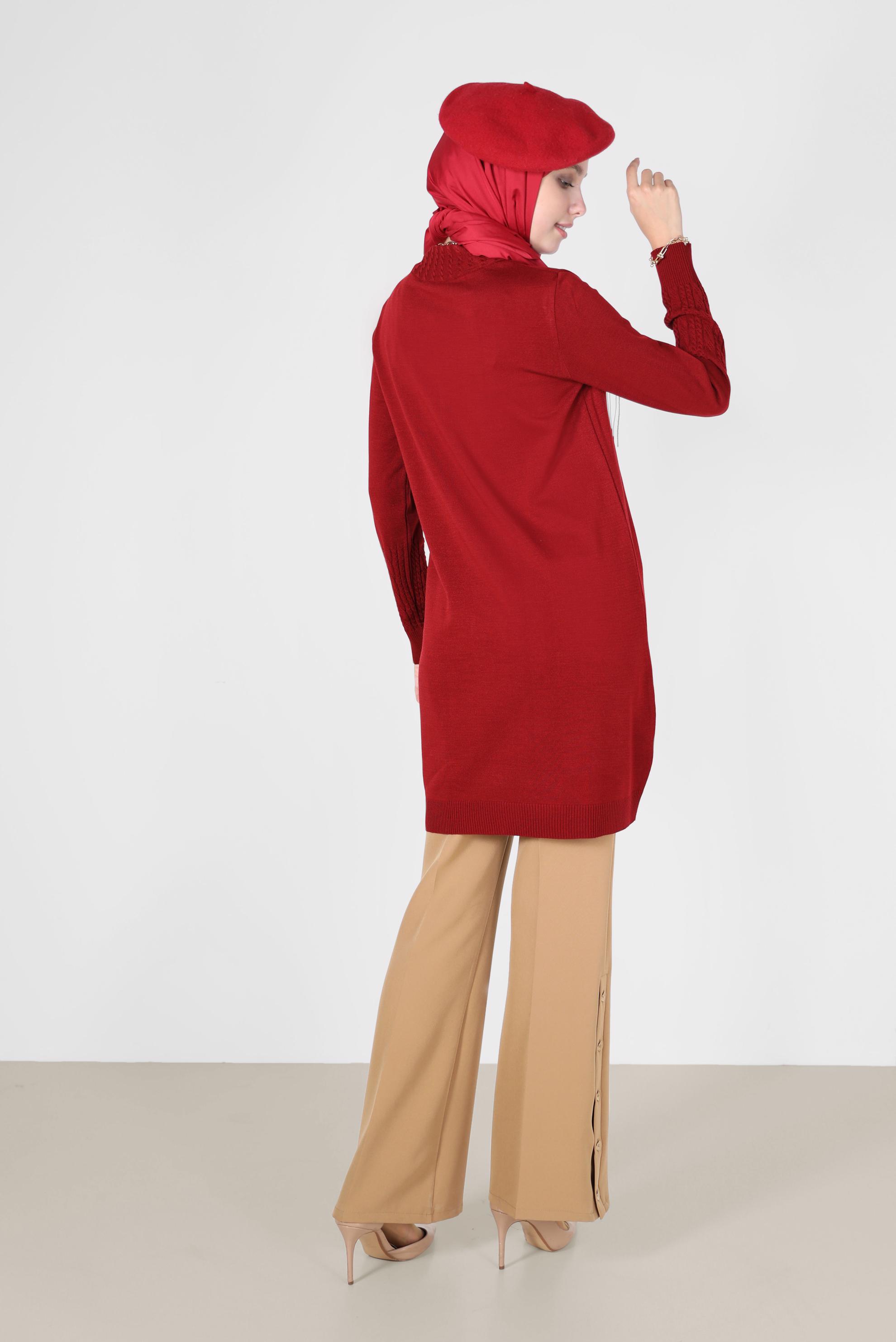 Tesettür giyim KIRMIZI KOL UCU ÖRGÜ DETAYLI TRİKO TUNİK 42006 