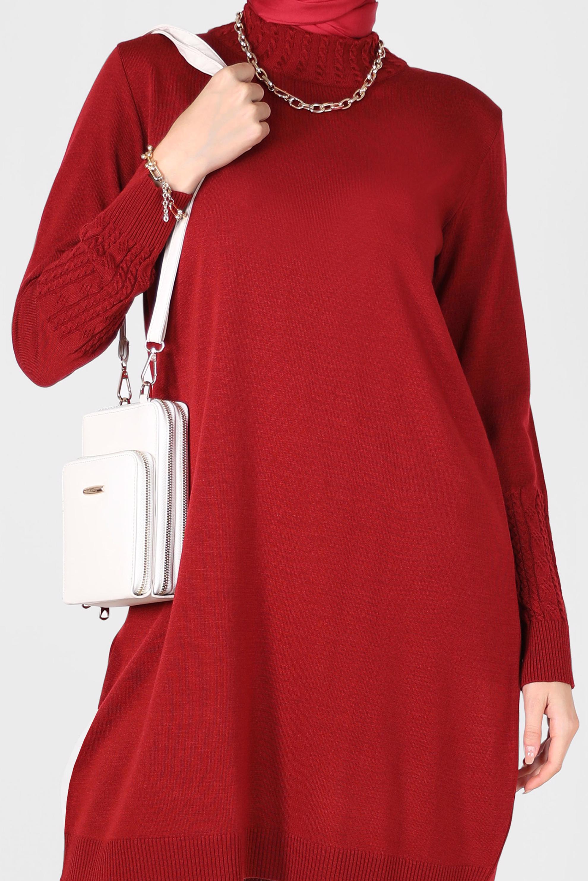 Tesettür giyim KIRMIZI KOL UCU ÖRGÜ DETAYLI TRİKO TUNİK 42006 