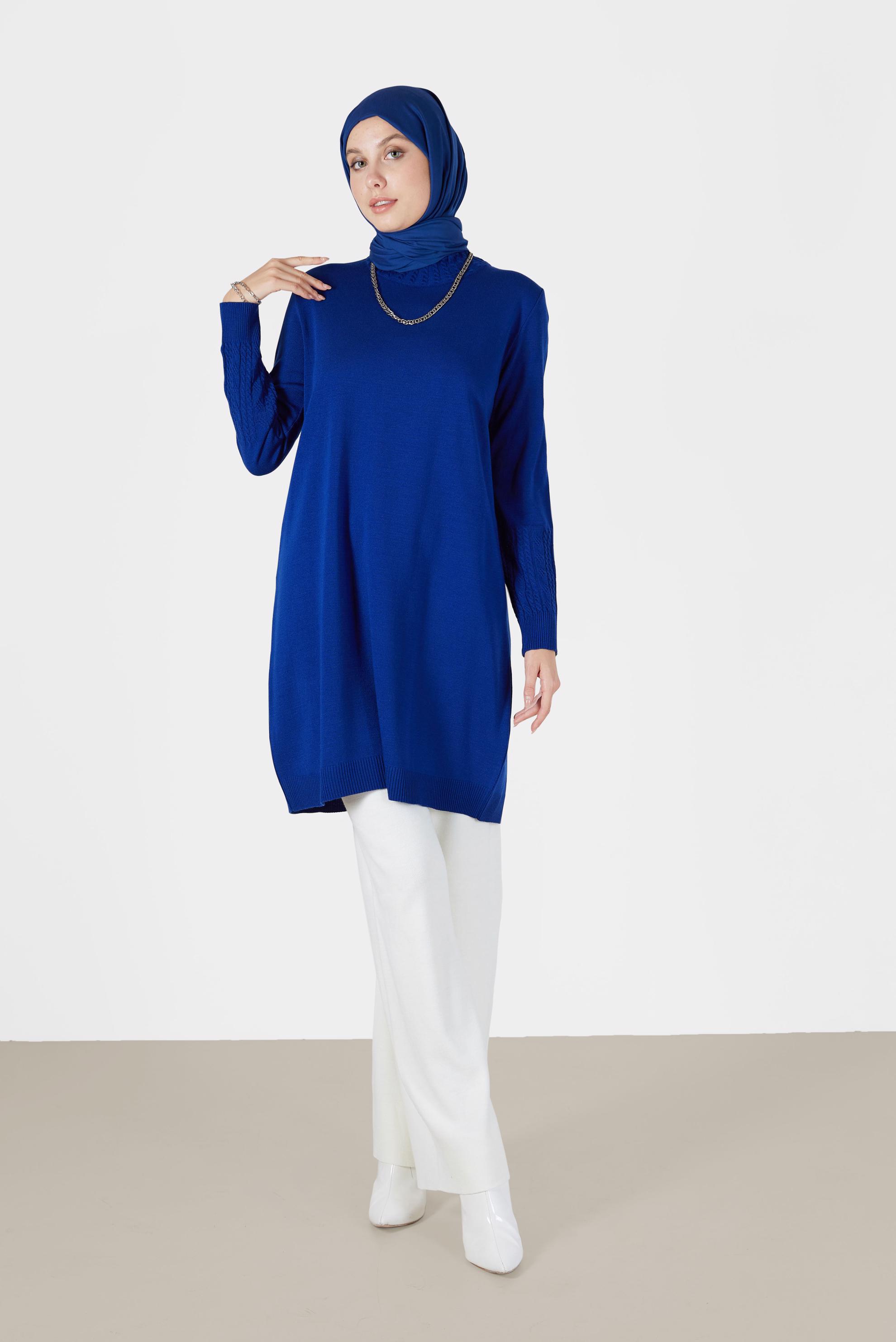 Tesettür giyim LACİVERT KOL UCU ÖRGÜ DETAYLI TRİKO TUNİK 42006 