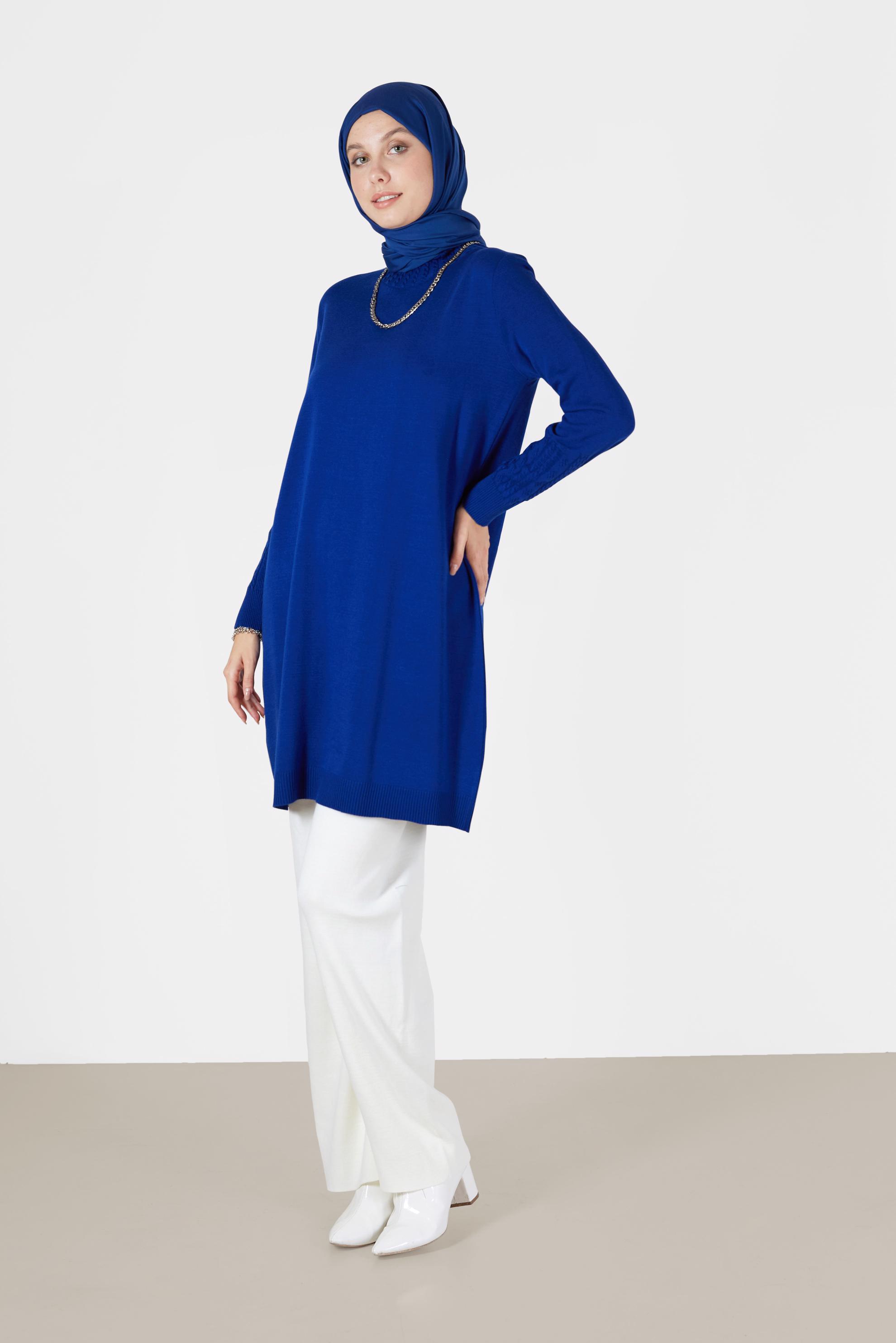 Tesettür giyim LACİVERT KOL UCU ÖRGÜ DETAYLI TRİKO TUNİK 42006 