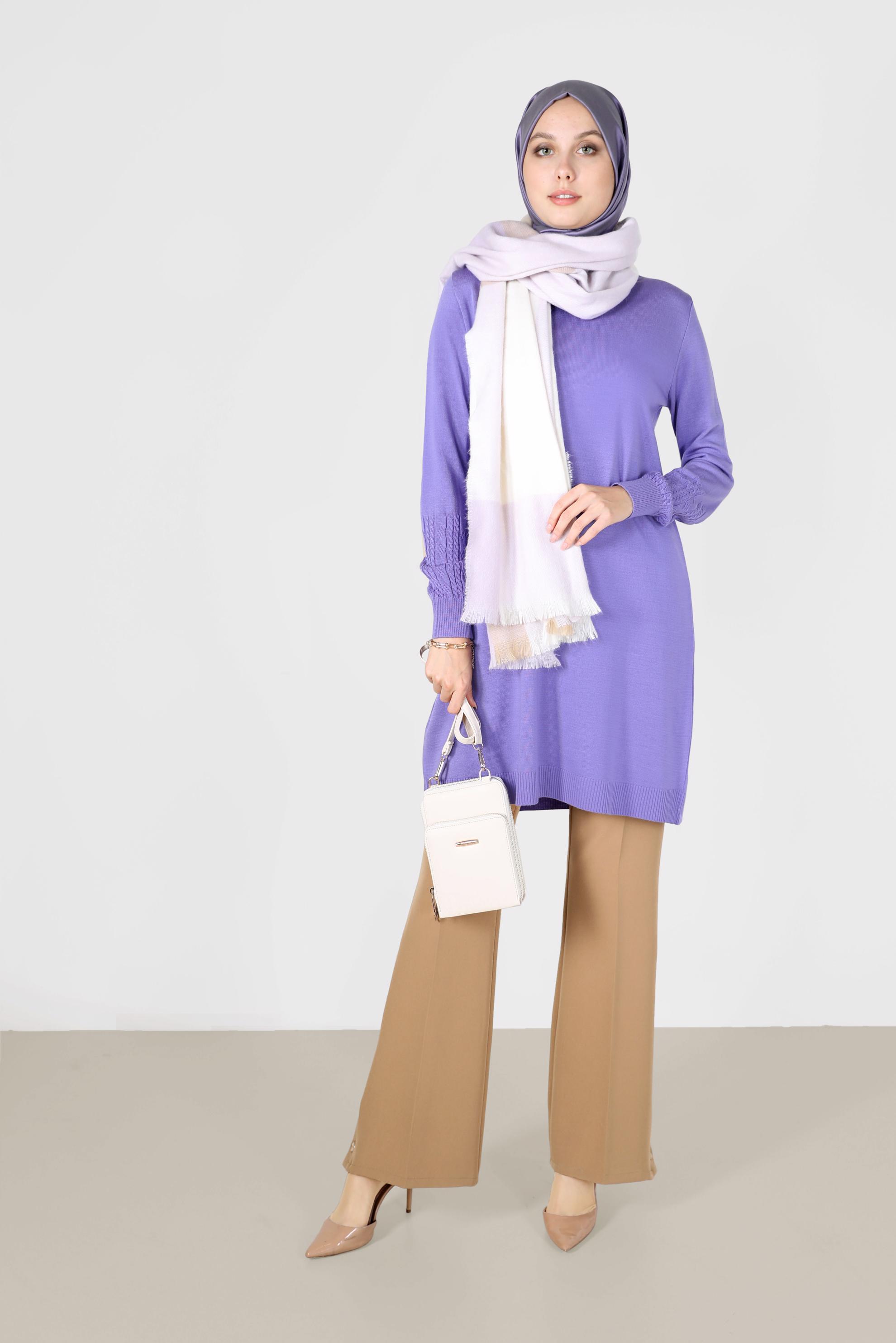 Tesettür giyim MOR KOL UCU ÖRGÜ DETAYLI TRİKO TUNİK 42006 