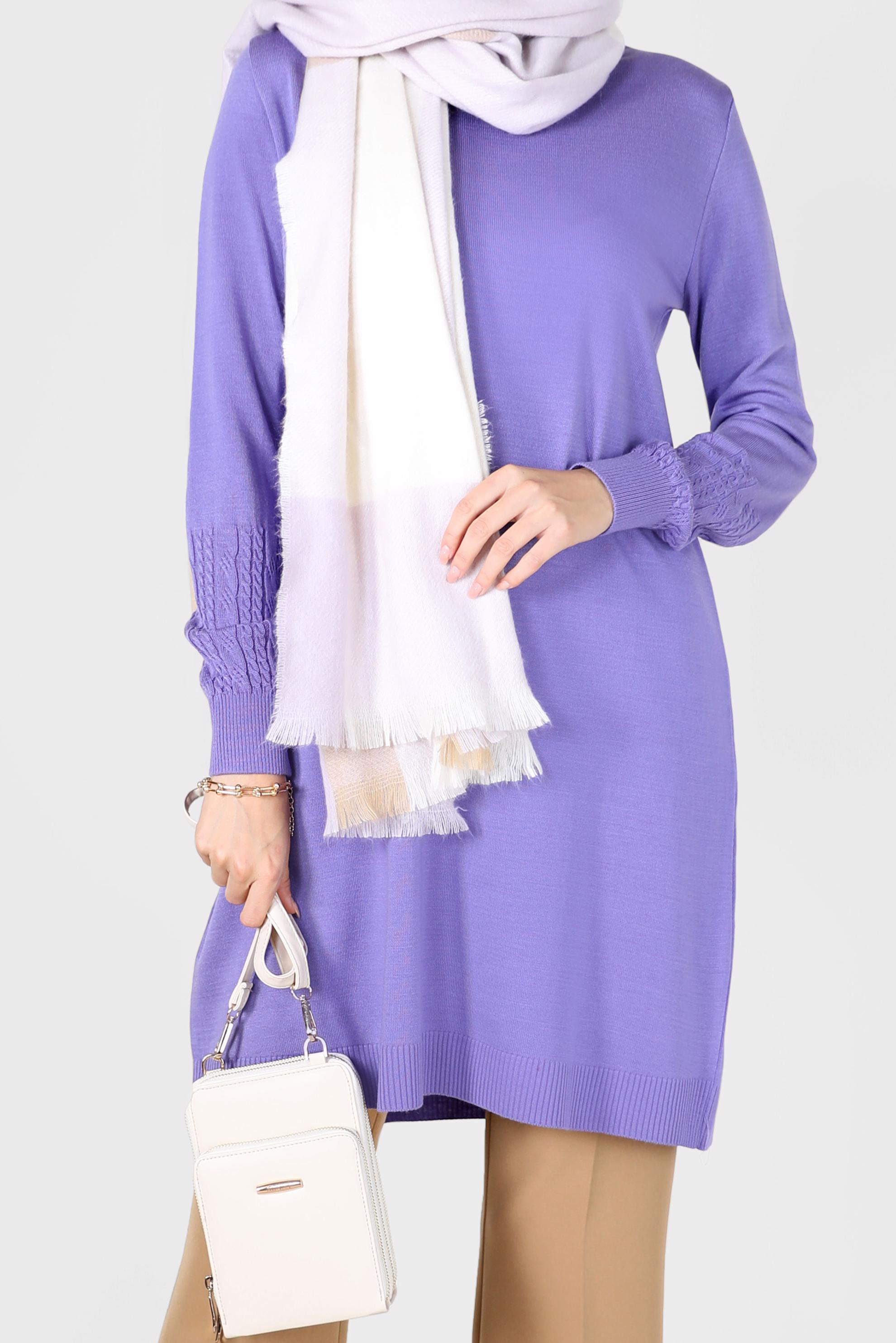 Tesettür giyim MOR KOL UCU ÖRGÜ DETAYLI TRİKO TUNİK 42006 