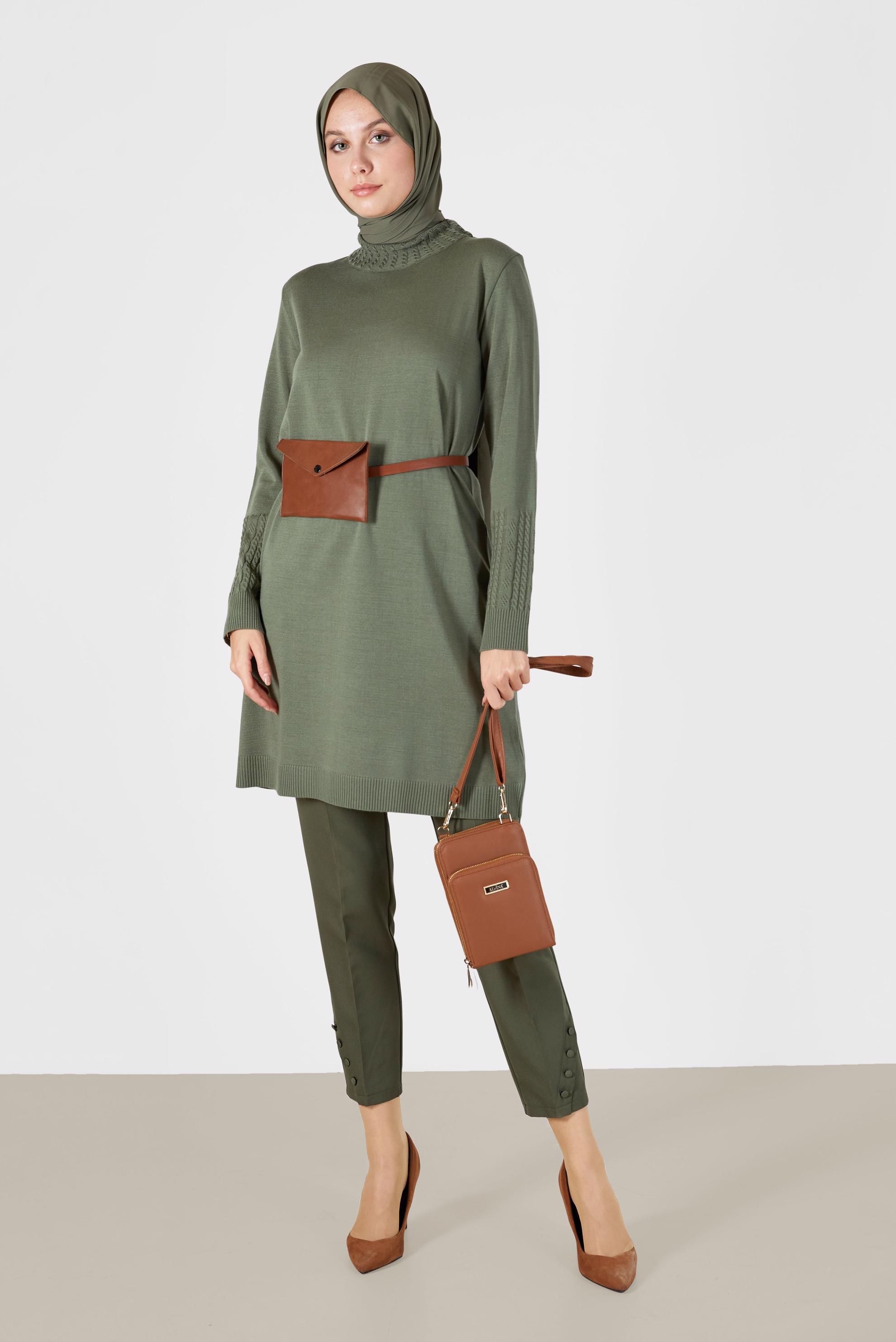 Tesettür giyim YEŞİL KOL UCU ÖRGÜ DETAYLI TRİKO TUNİK 42006 