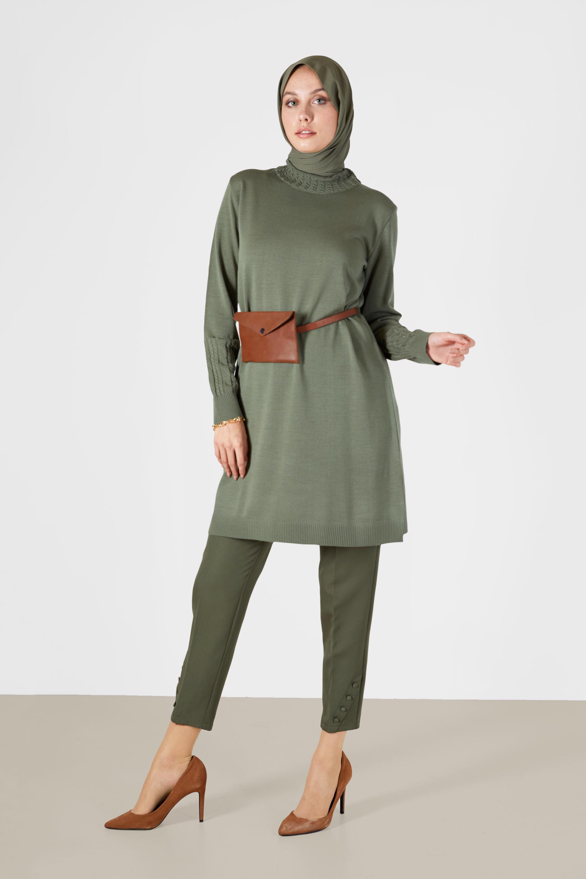 Tesettür giyim YEŞİL KOL UCU ÖRGÜ DETAYLI TRİKO TUNİK 42006 